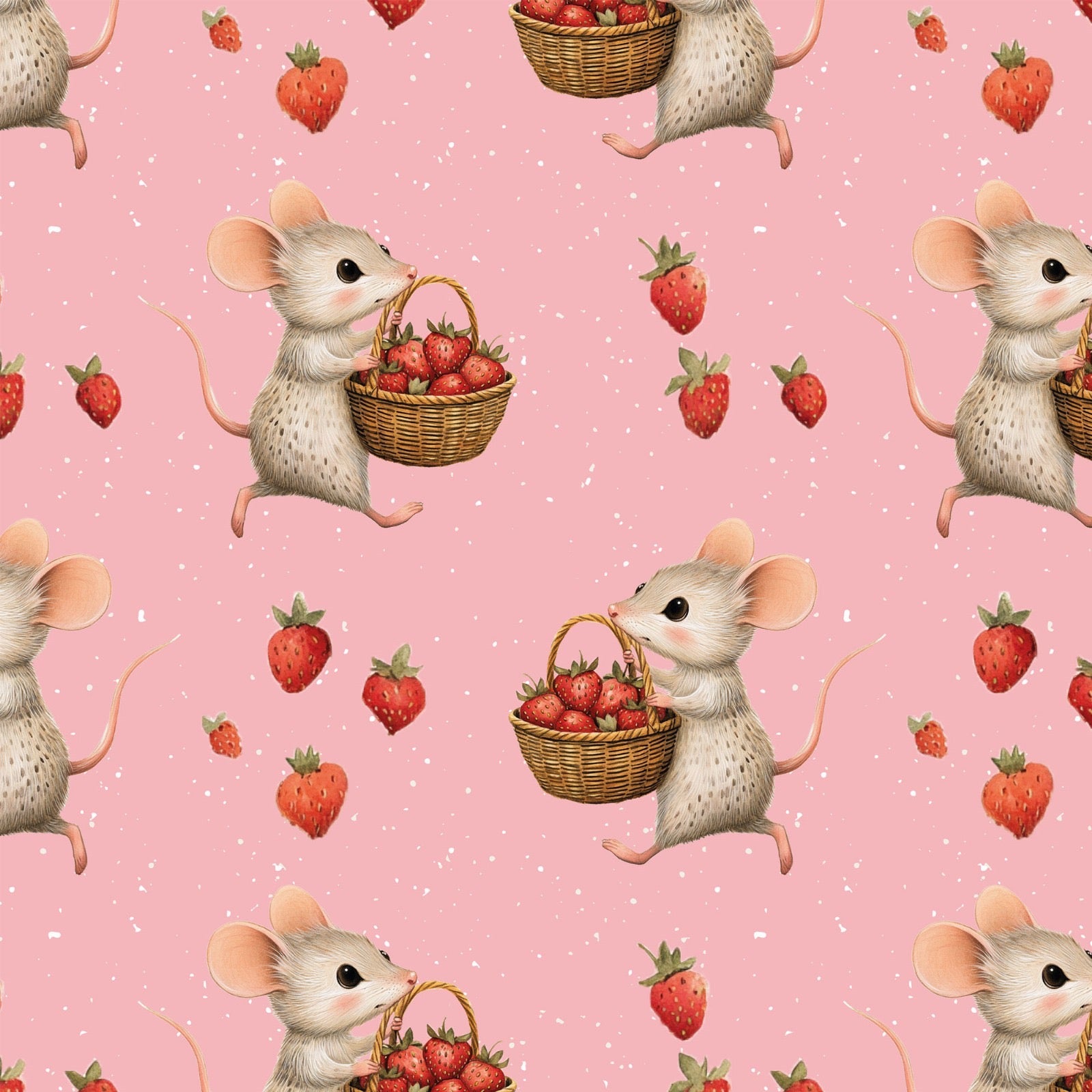 Kinderstoff Maus mit Erdbeeren auf rosa