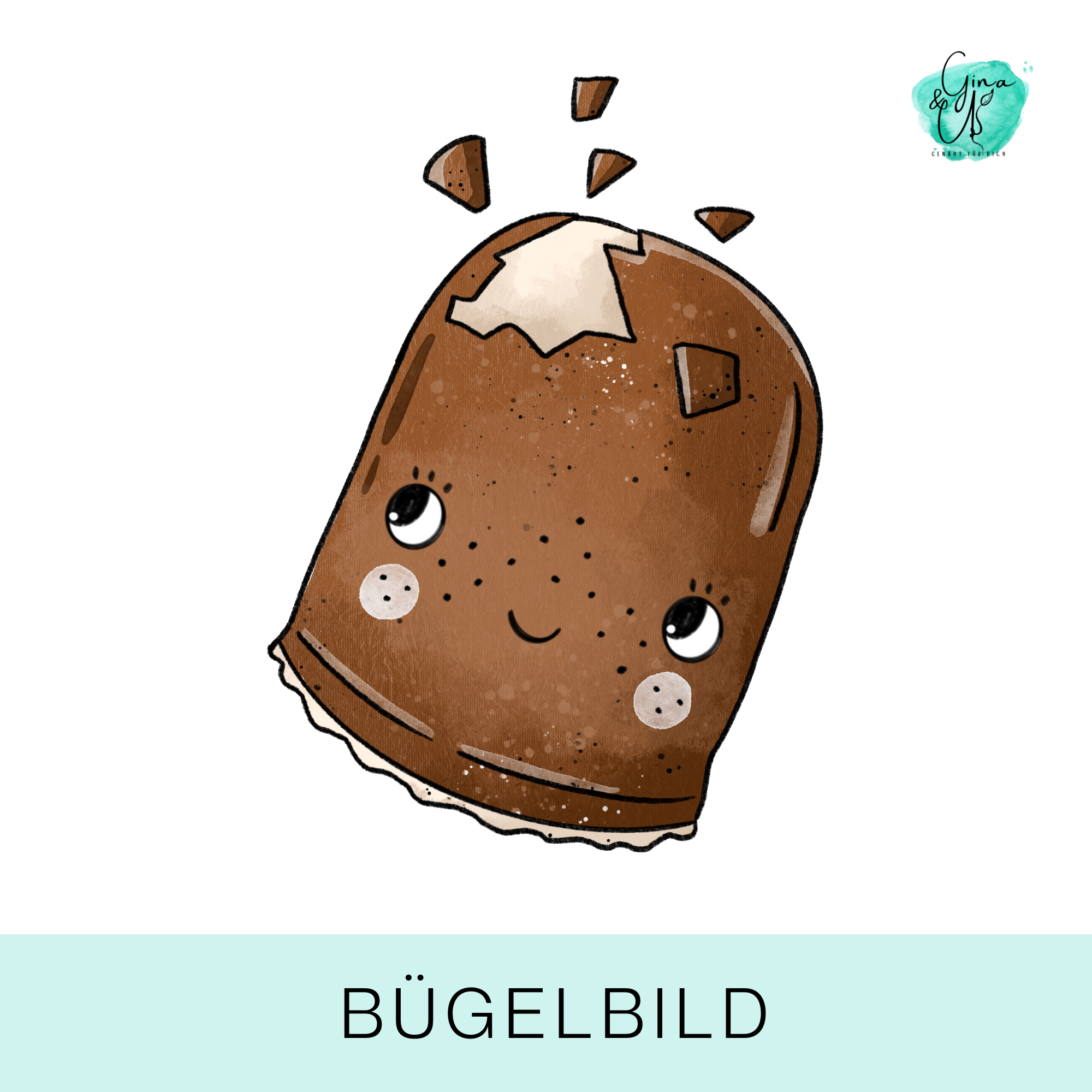 Bügelbild für Kinder mit hellbraunen Schokokuss mit Gesicht von Katzengold  Design. Ideal für Kleidung, Taschen und mehr!