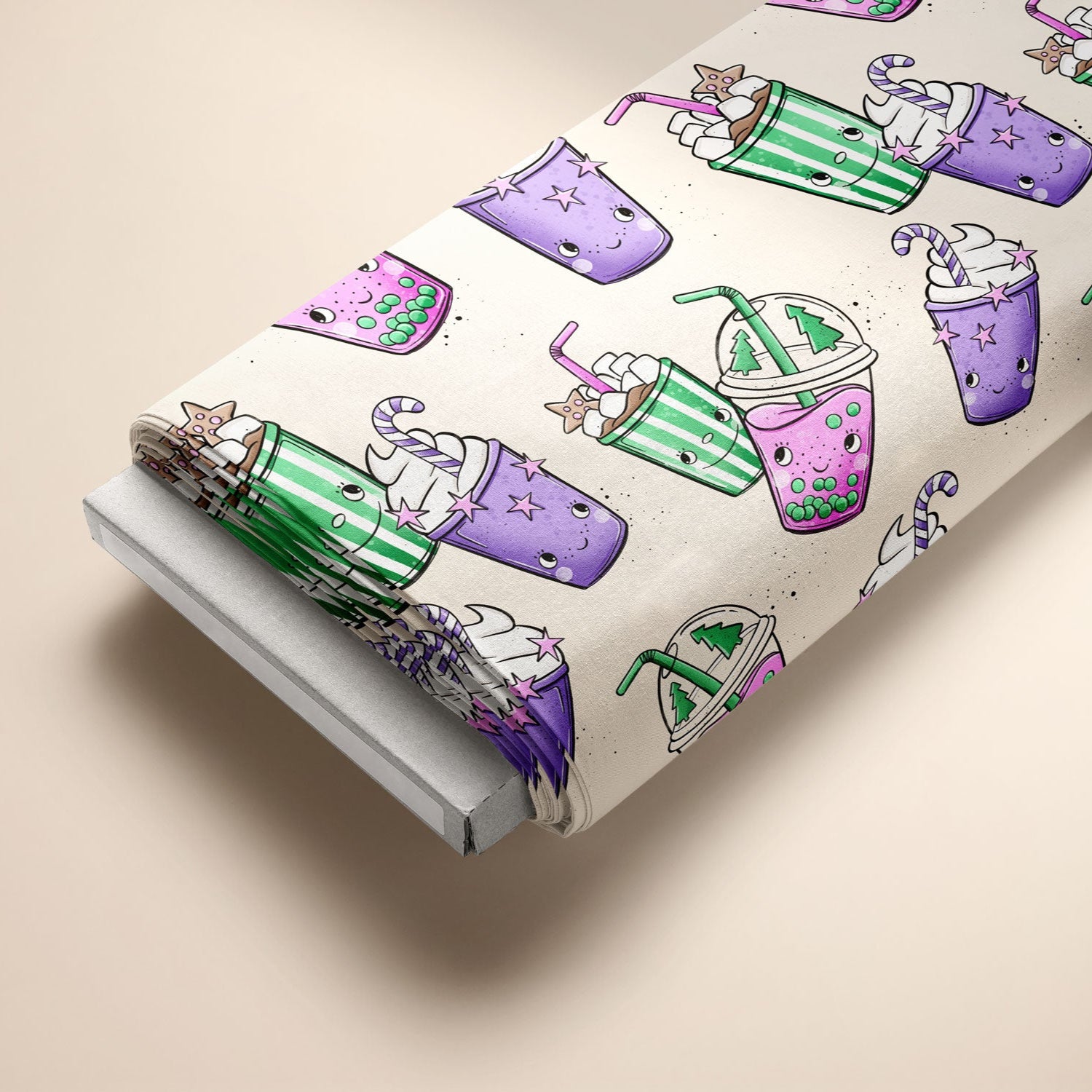 süße weihnachtliche getränke von katzengold design in lila pink und grün auf beigen hintergrund