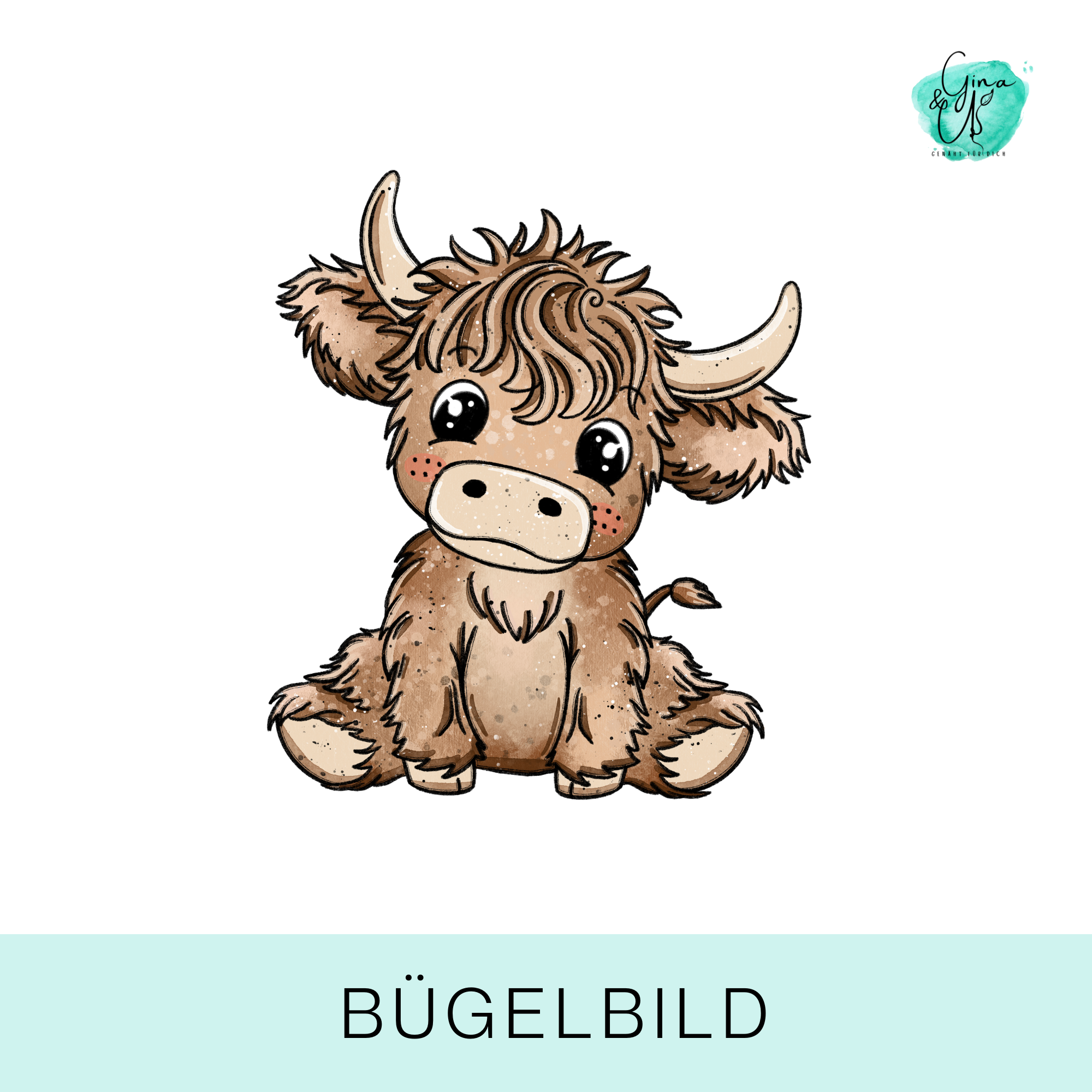 Bügelbild für Kinder süße Highland Cow von Katzengold Design.