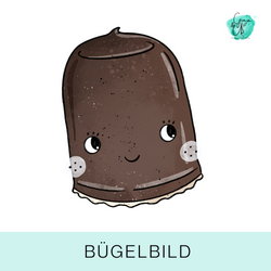 Bügelbild für Kinder mit dunkelbraunen Schokokuss mit Gesicht von Katzengold  Design. Ideal für Kleidung, Taschen und mehr!