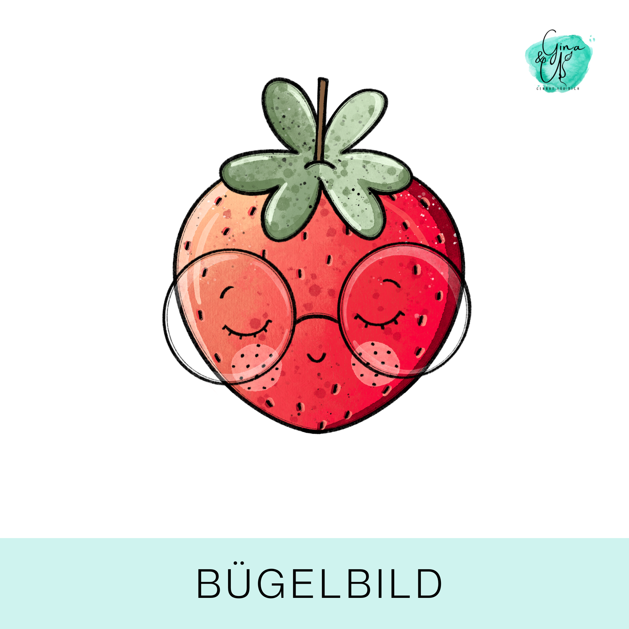 Bügelbild für Kinder Erdbeere mit Gesicht und Brille von Katzengold Design