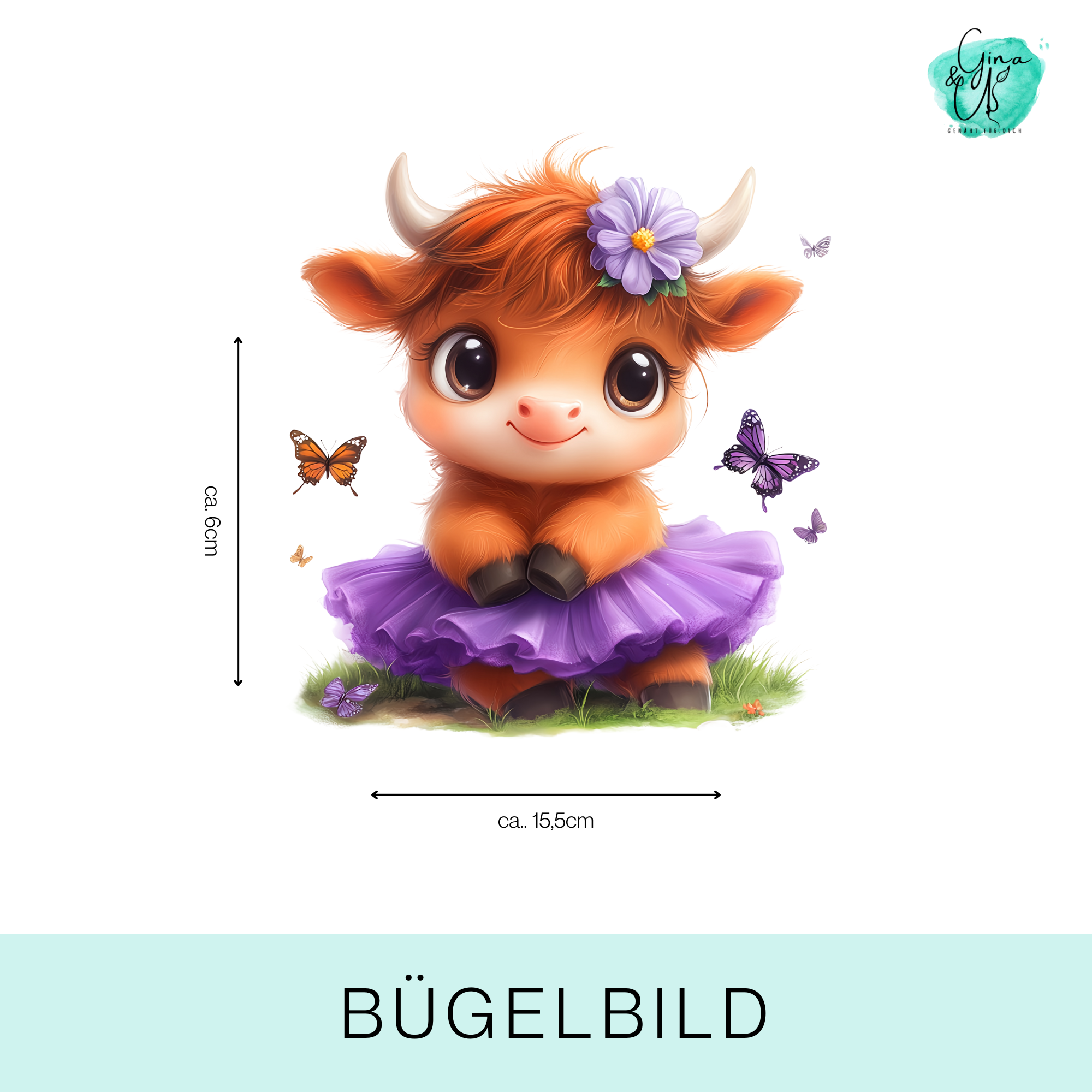 Bügelbild für Kinder süße Kuh mit lila Tütü und Schmetterlingen
