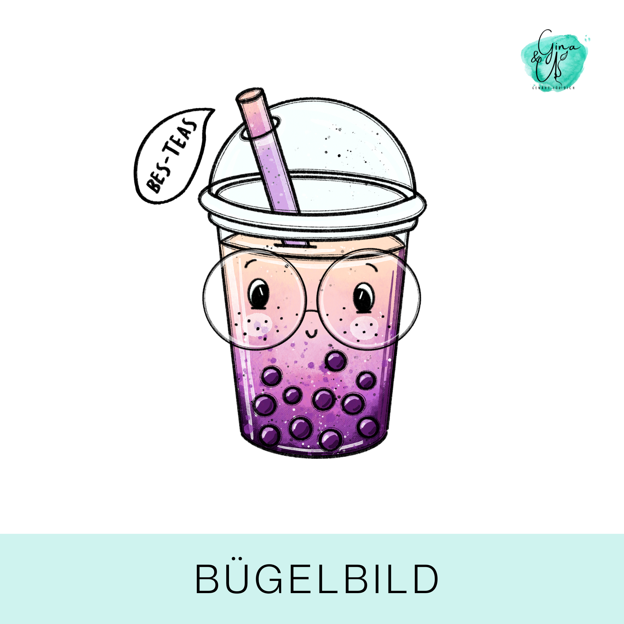Bügelbild für Kinder mit Bubble Tea mit Gesicht von Katzengold  Design. Ideal für Kleidung, Taschen und mehr!