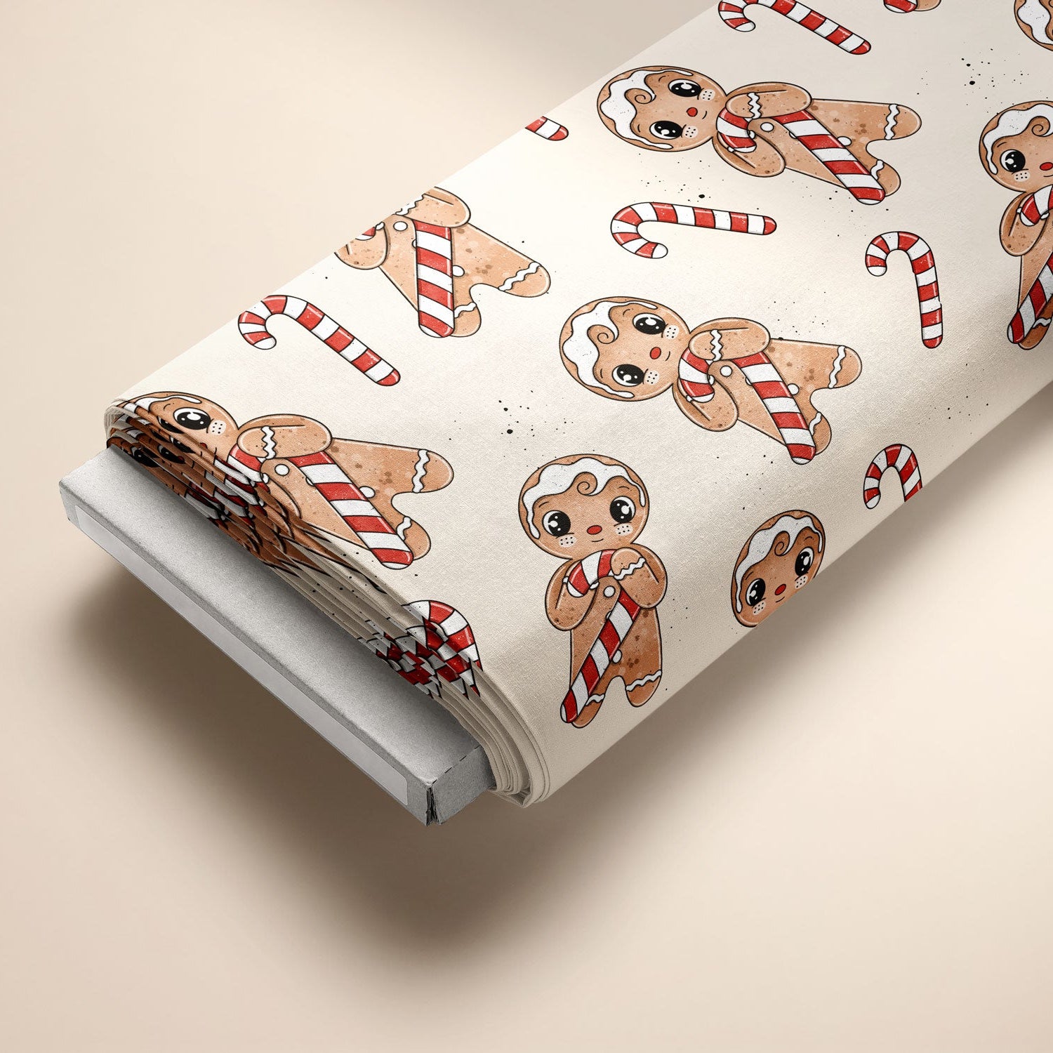 Kinderstoffe Meterware süßer Lebkuchen Lebkuchenmann mit Zuckerstange weihnachtlicher Stoff von Katzengold Design  auf Ballen