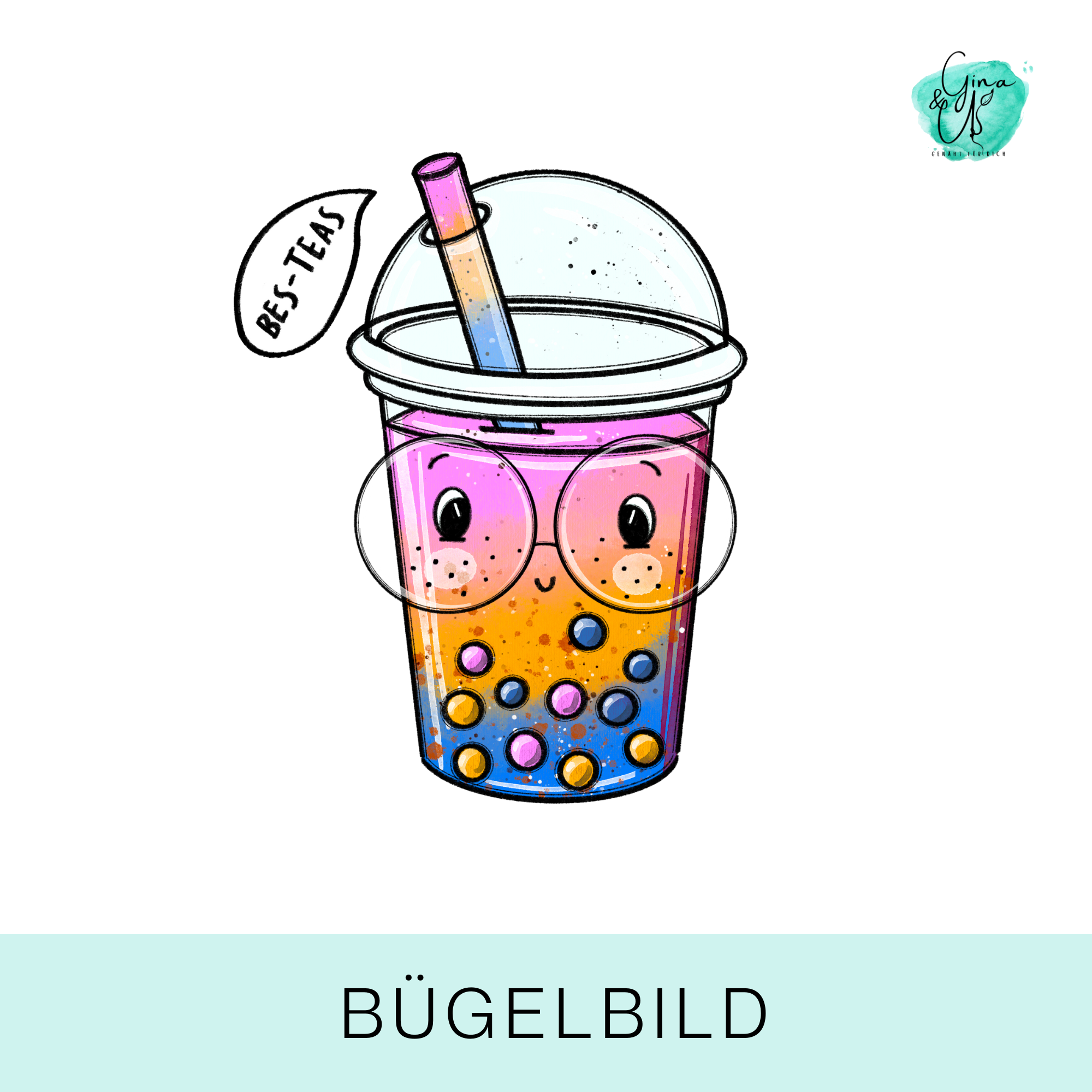 Bügelbild für Kinder mit Bubble Tea mit Gesicht von Katzengold  Design. Ideal für Kleidung, Taschen und mehr!