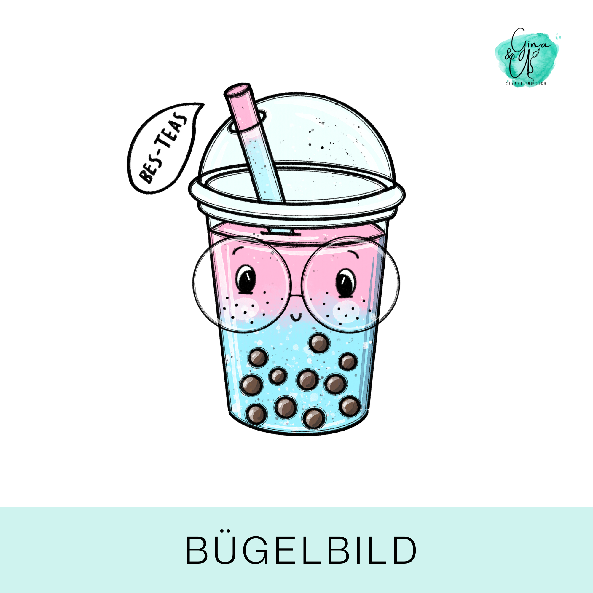 Bügelbild für Kinder mit Bubble Tea mit Gesicht von Katzengold  Design. Ideal für Kleidung, Taschen und mehr!