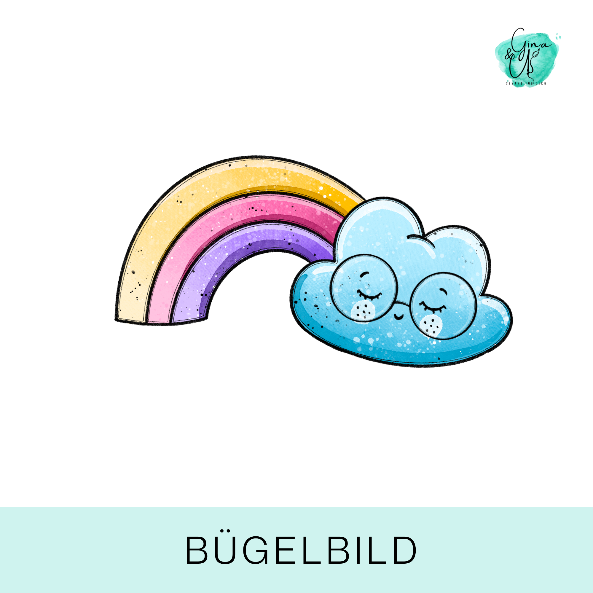 Bügelbild für Kinder süßer Regenbogen mit Wolke mit Gesicht und Brille von Katzengold Design.