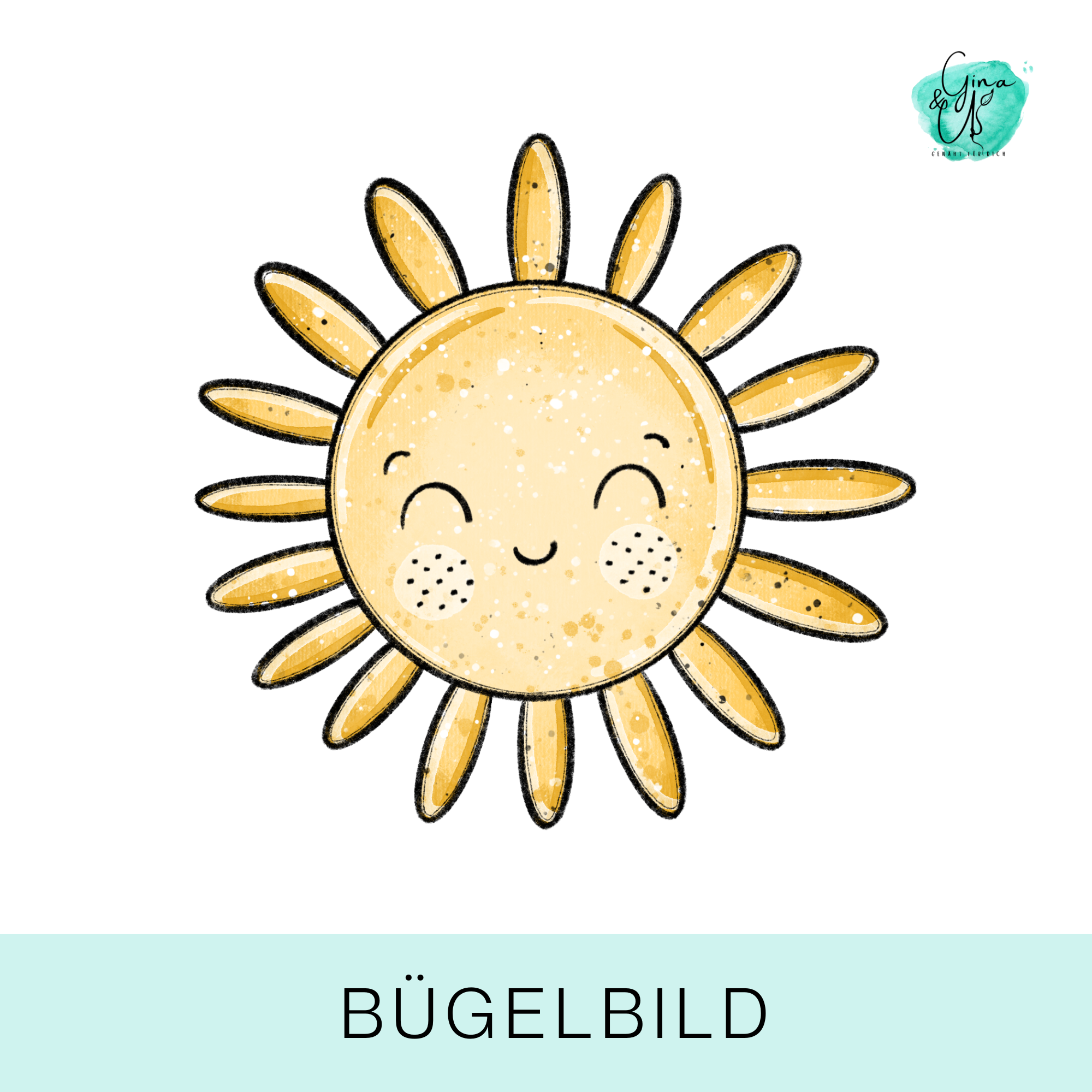 Bügelbild für Kinder süße Sonne mit Gesicht und Brille von Katzengold Design.