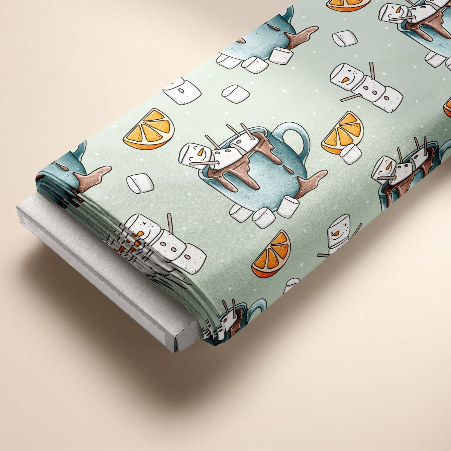 Kinderstoff weihnachtliche Tassen mit Schneemännern aus Marshmellows auf mint mit Orangen von Katzengold Design auf Ballen