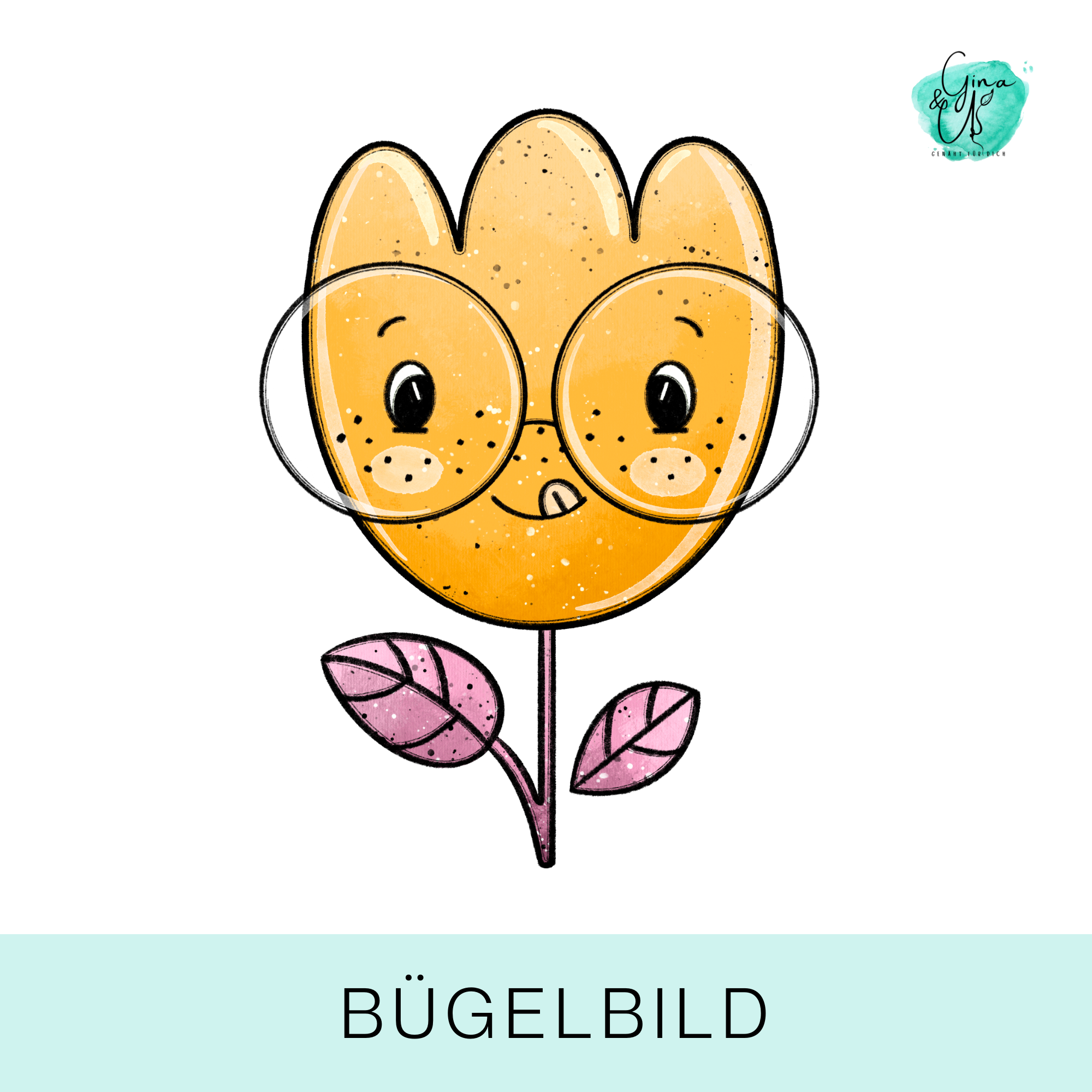Bügelbild für Kinder süßes gelbe Blume mit Gesicht und Brille von Katzengold Design