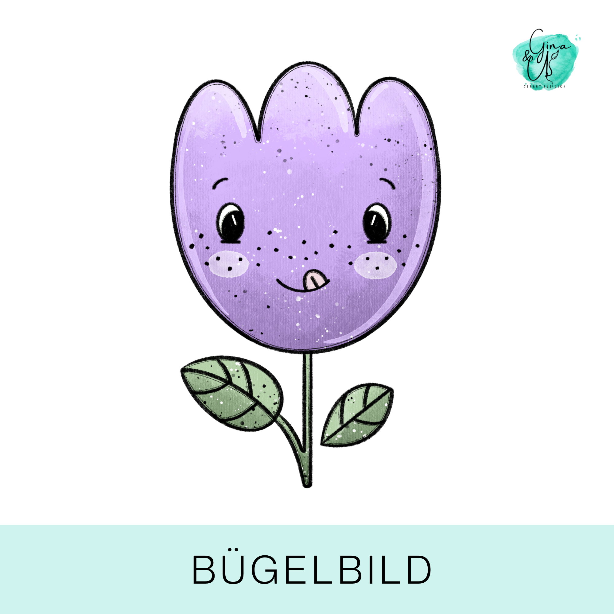 Bügelbild für Kinder süßes lila Blume mit Gesicht von Katzengold Design