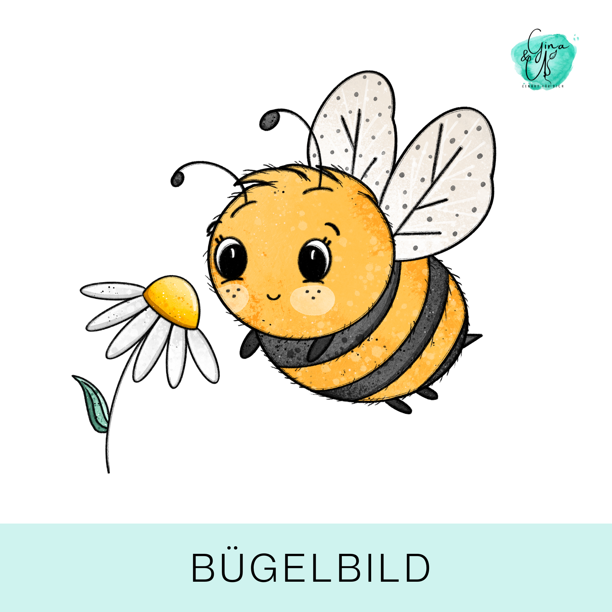 Bügelbild für Kinder mit süßer Biene mit Blume von Katzengold  Design. Ideal für Kleidung, Taschen und mehr!