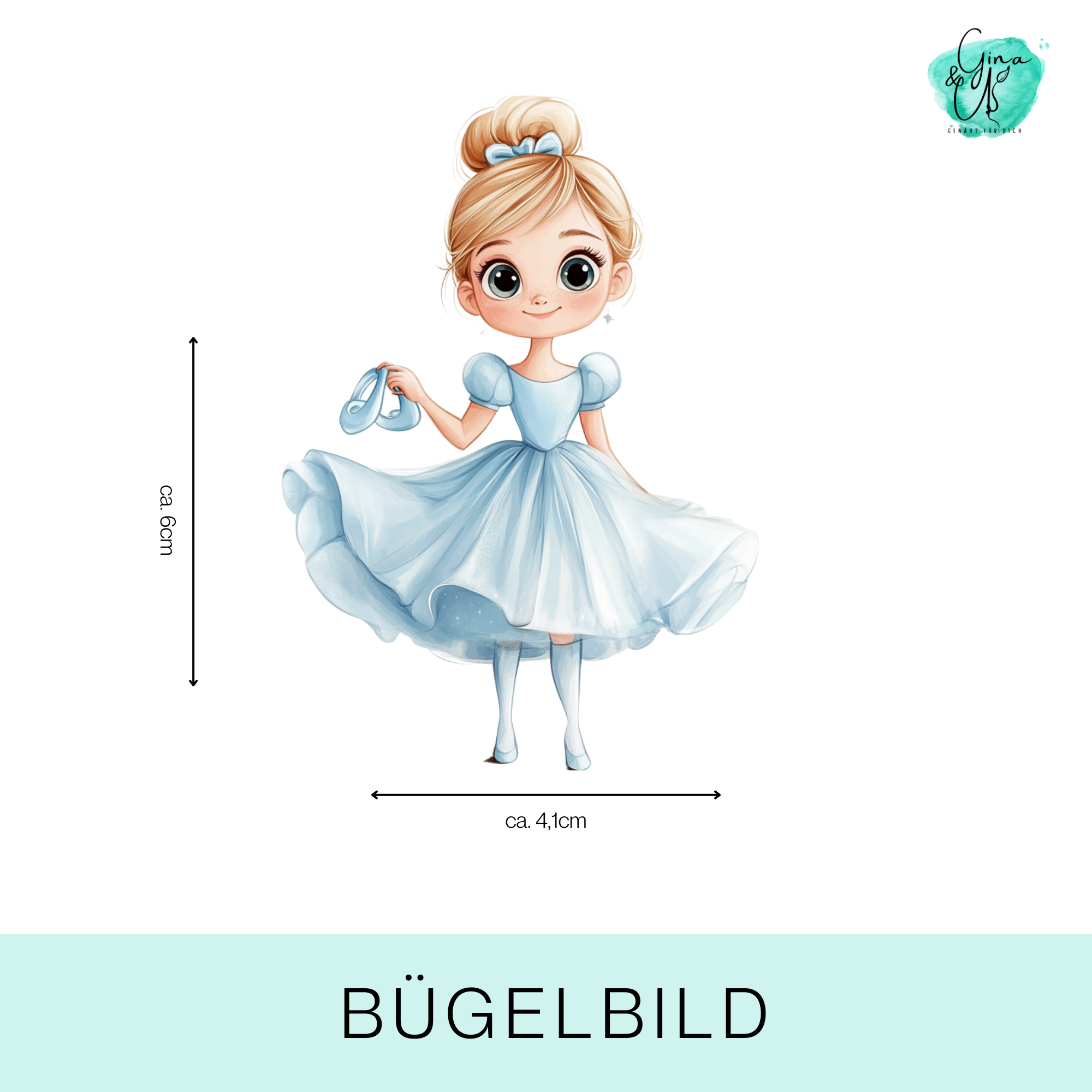 Bügelbild Prinzessin im Ballkleid mit Schuhen in der Hand