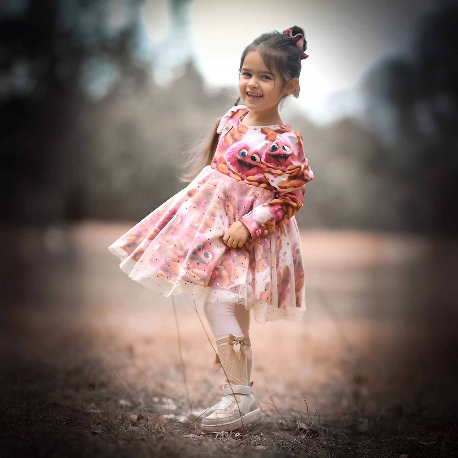 Kinderstoff rosa Monster mit Keksen und Blumen Keksmonster als Kinderkleid genäht