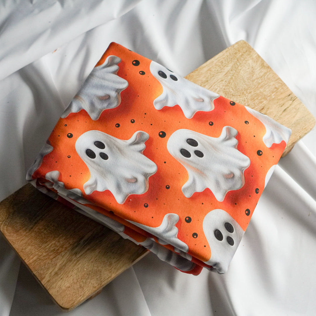 Kinderstoff 3d Geister auf orange Halloween Meterware