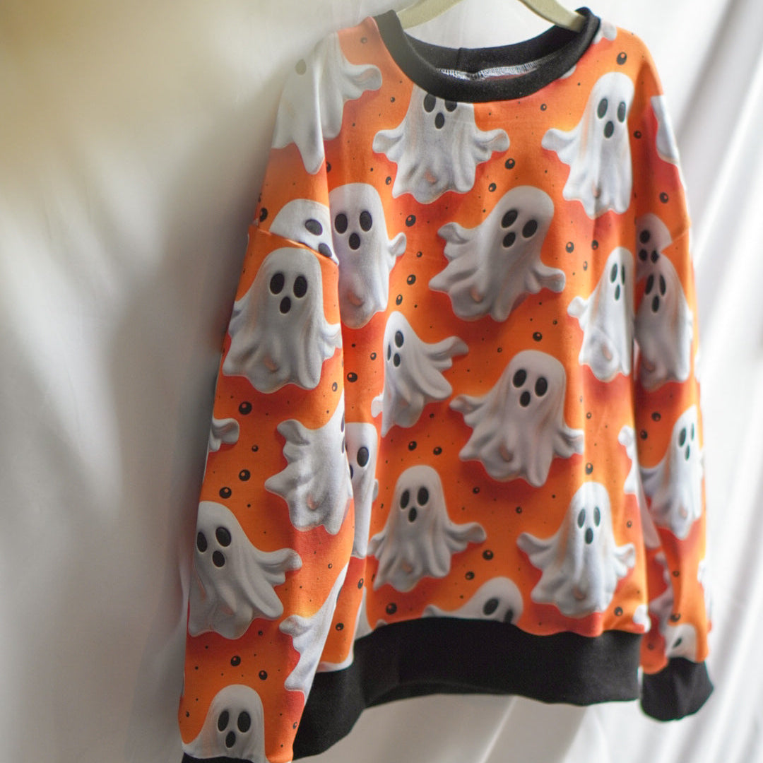 Kinderstoff 3d Geister auf orange Halloween Meterware als Pullover