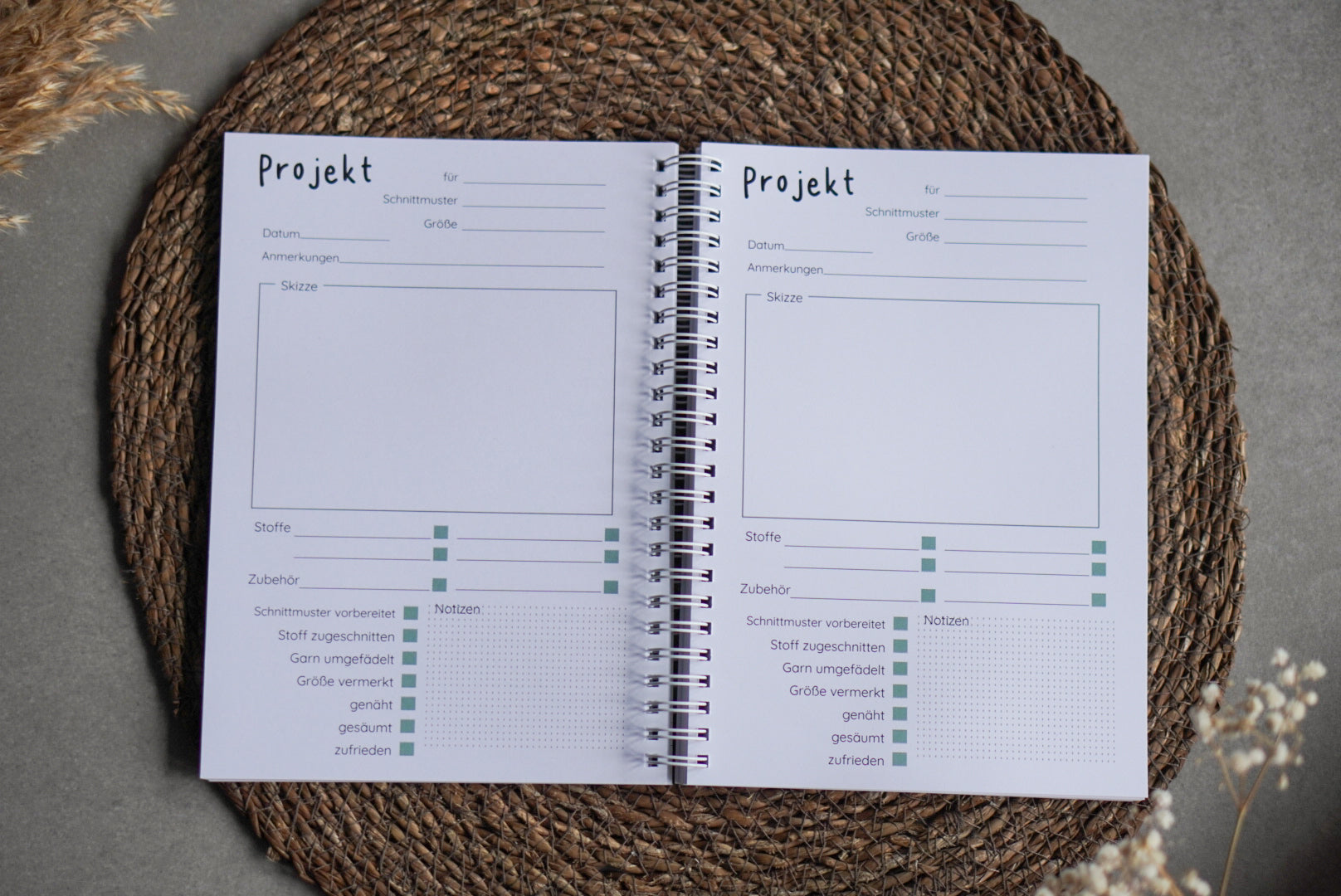 Nähplaner DIN A5 aufgeklappt mit Projektübersicht