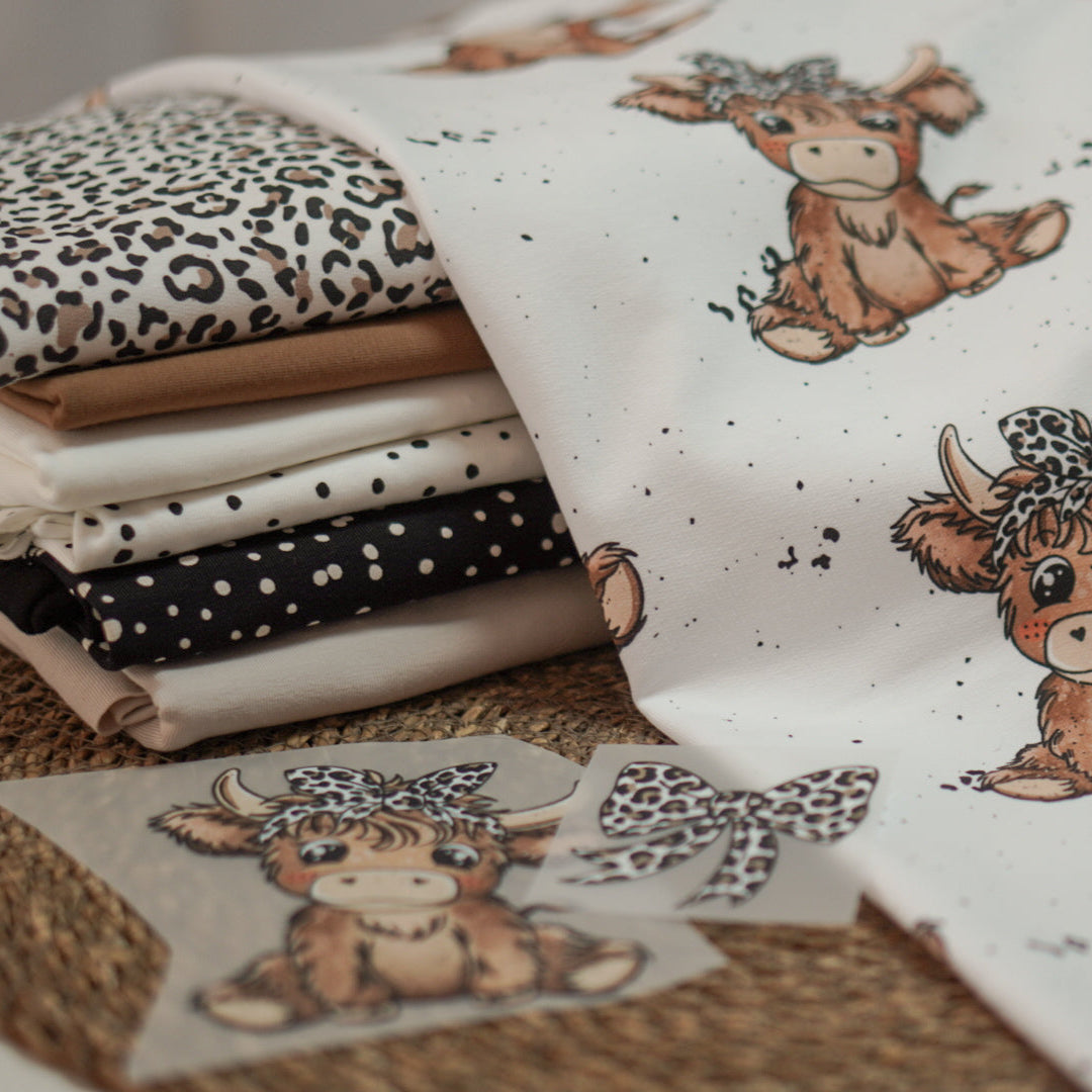 Kinderstoff süße Highland Kuh mit Leo Haarband von Katzengold Design mit Kombistoffen