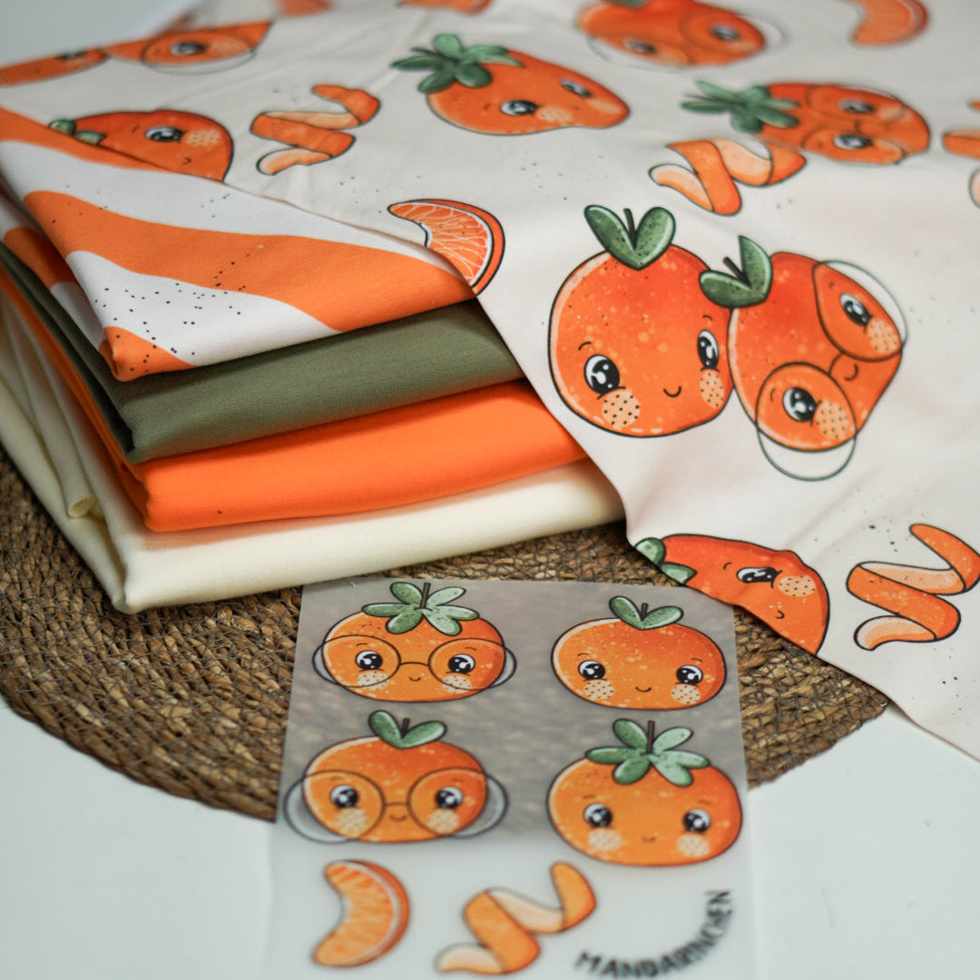 Kinderstoff Meterware süße Mandarinen mit Brille von Katzengold Design mit Kombistoffe