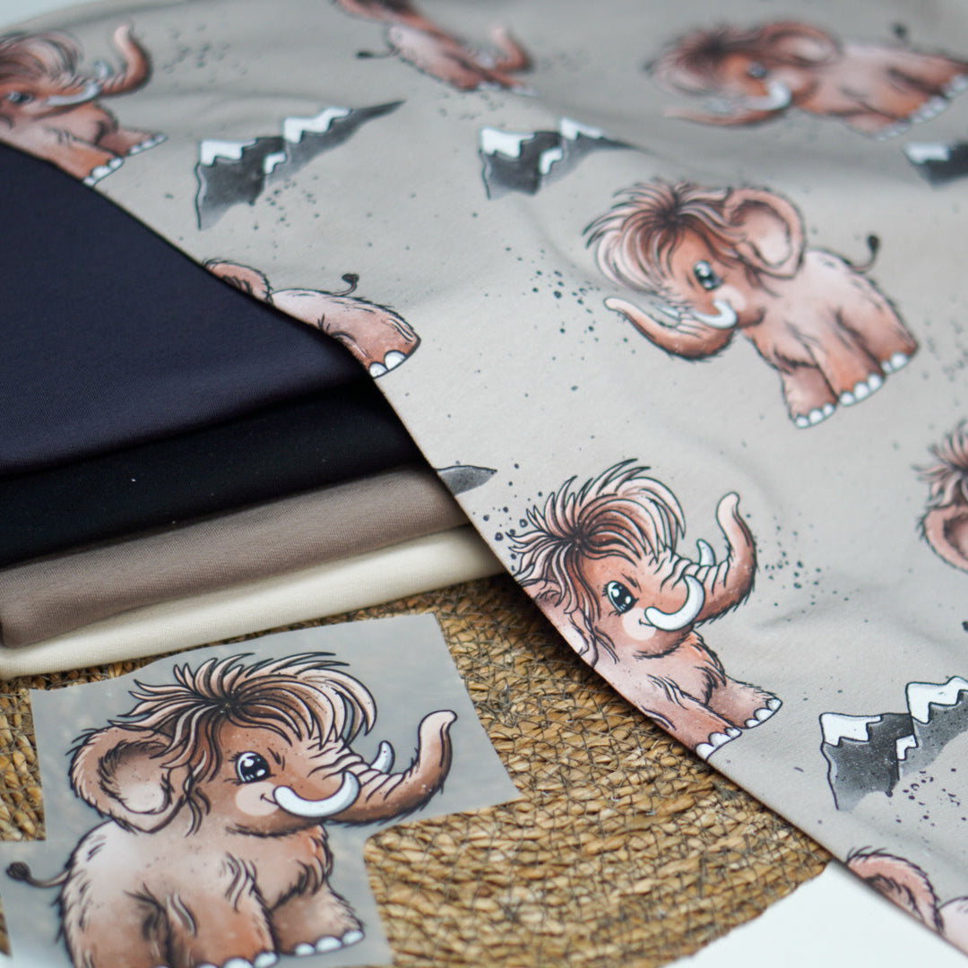 Kinderstoffe Meterware süße Mammuts von Katzengold Design mit Kombistoffen