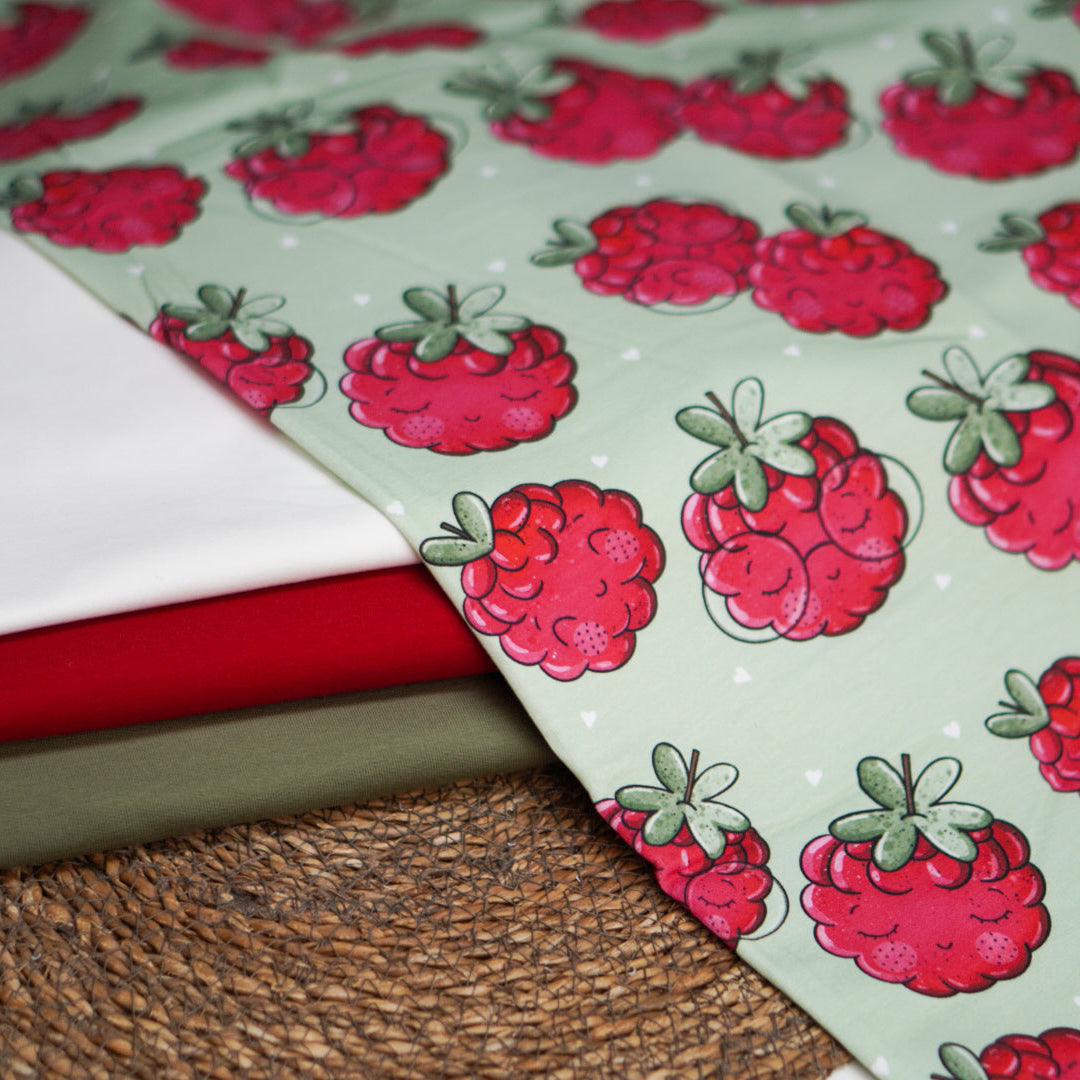 Kinderstoff mit süßen Himbeeren Obst von Katzengold Design  mit Kombistoffen