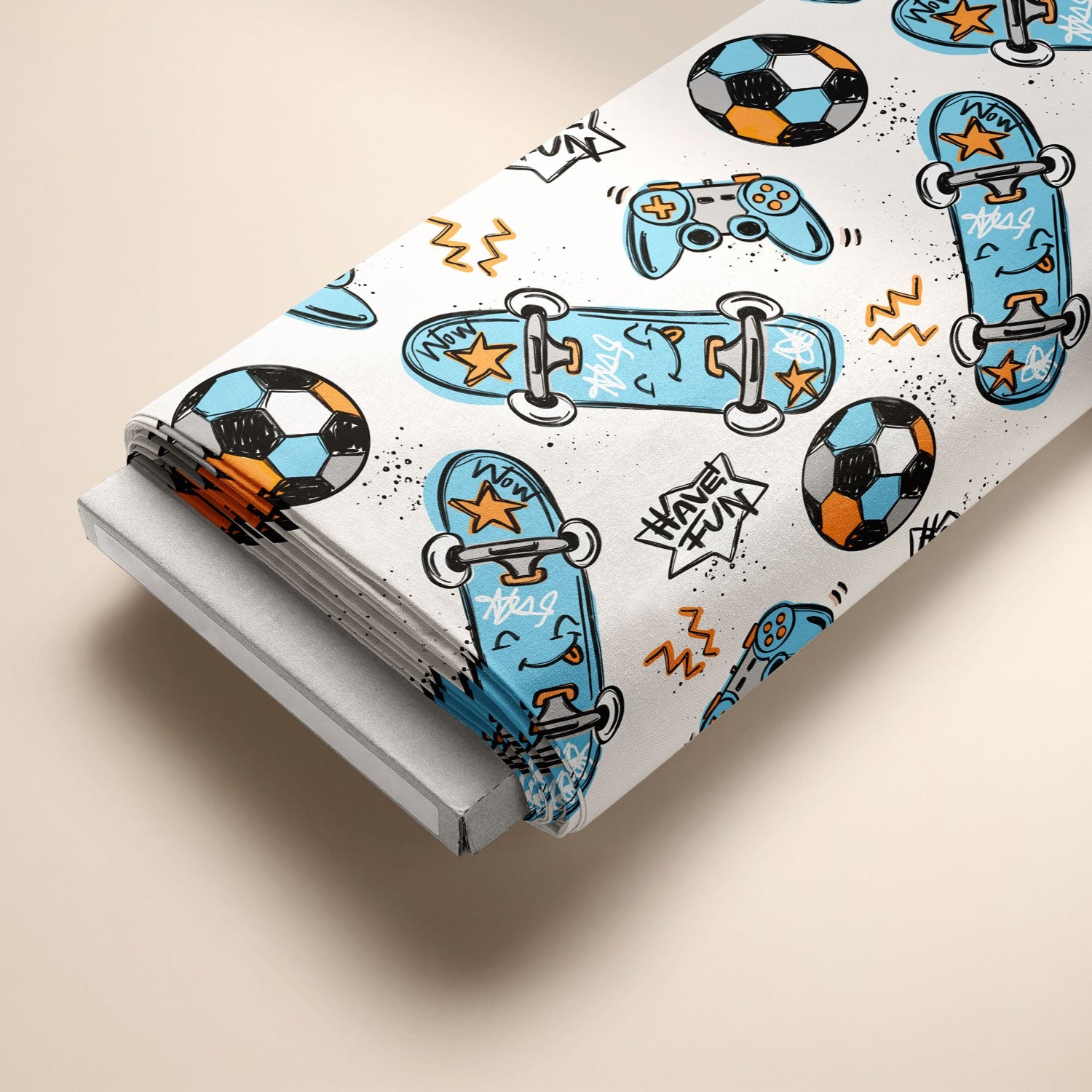 Kinderstoff cooler Jungsstoff mit Fußball Skateboard Controller von Katzengold Design