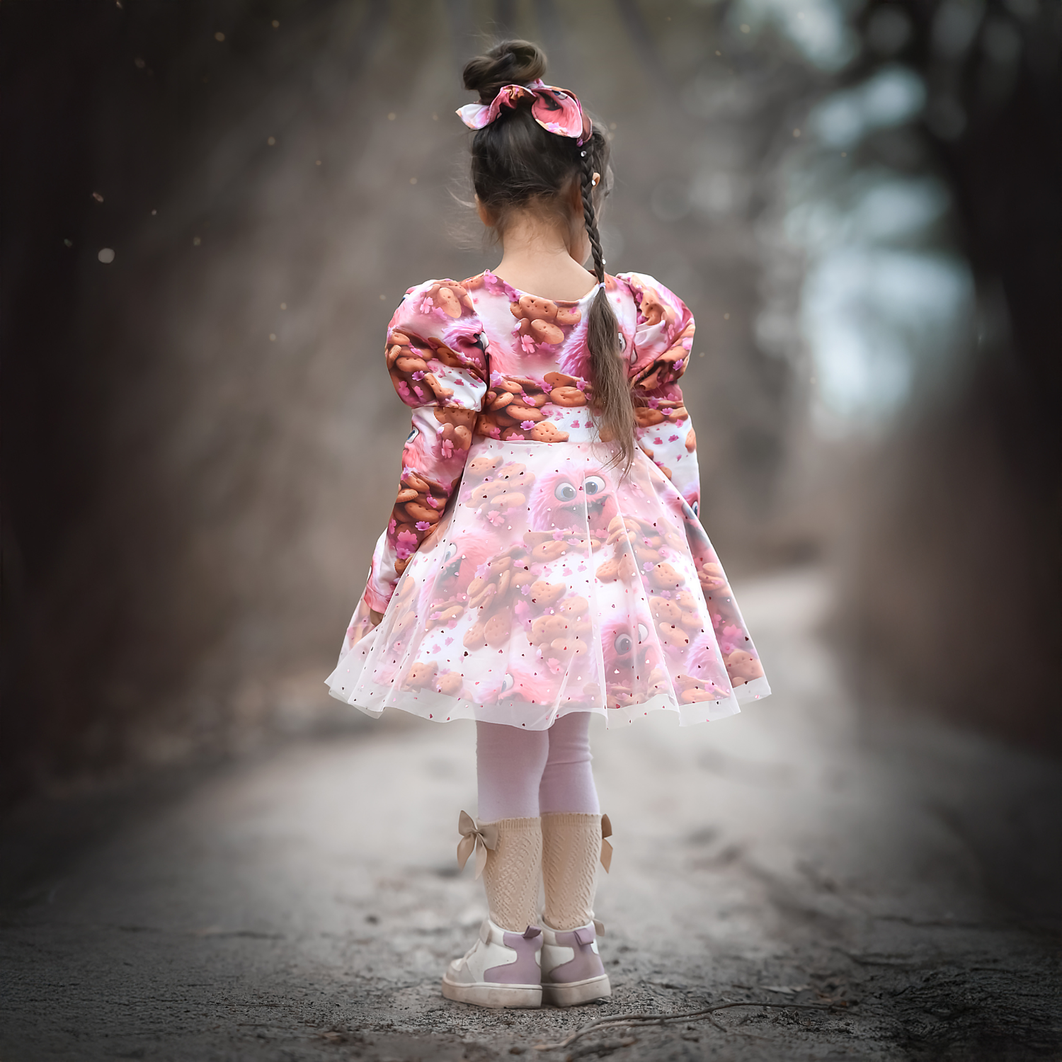 Kinderstoff rosa Monster mit Keksen und Blumen Keksmonster als Kinderkleid genäht