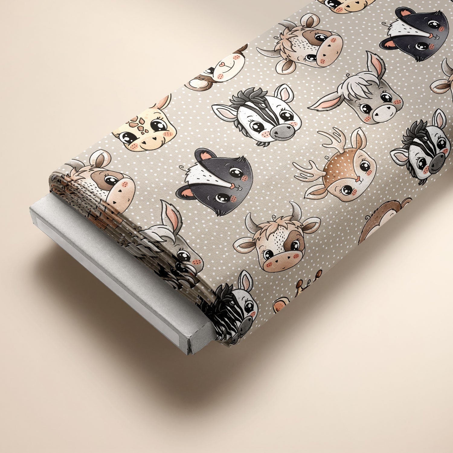 Kinderstoff mit Tiermotiv Reh Esel Giraffe Stinktier Zebra Kuh von Katzengold Design auf Ballen