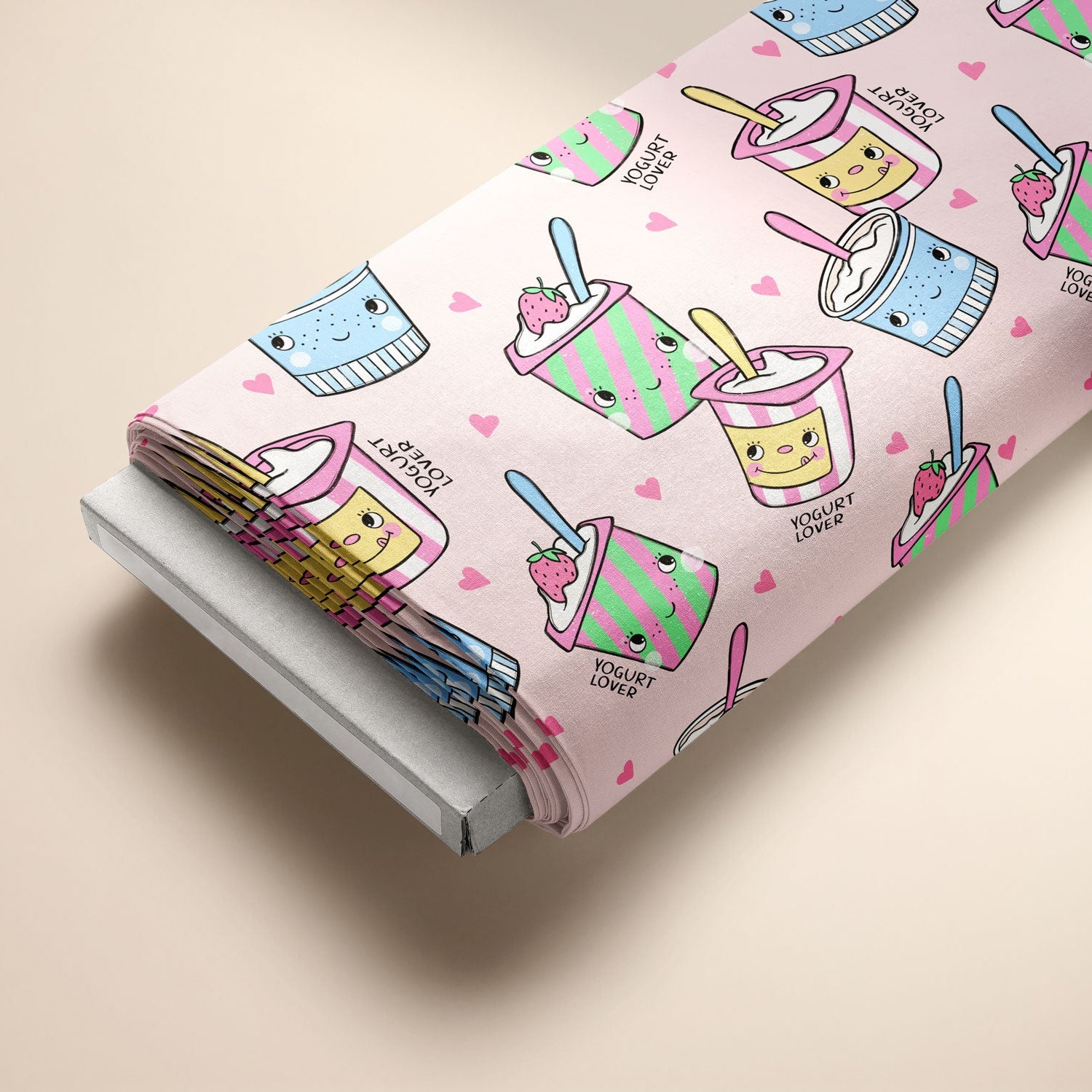 Kinderstoff Meterware mit Joghurt, rosa Hintergrund und Herzchen von Katzengold Design
