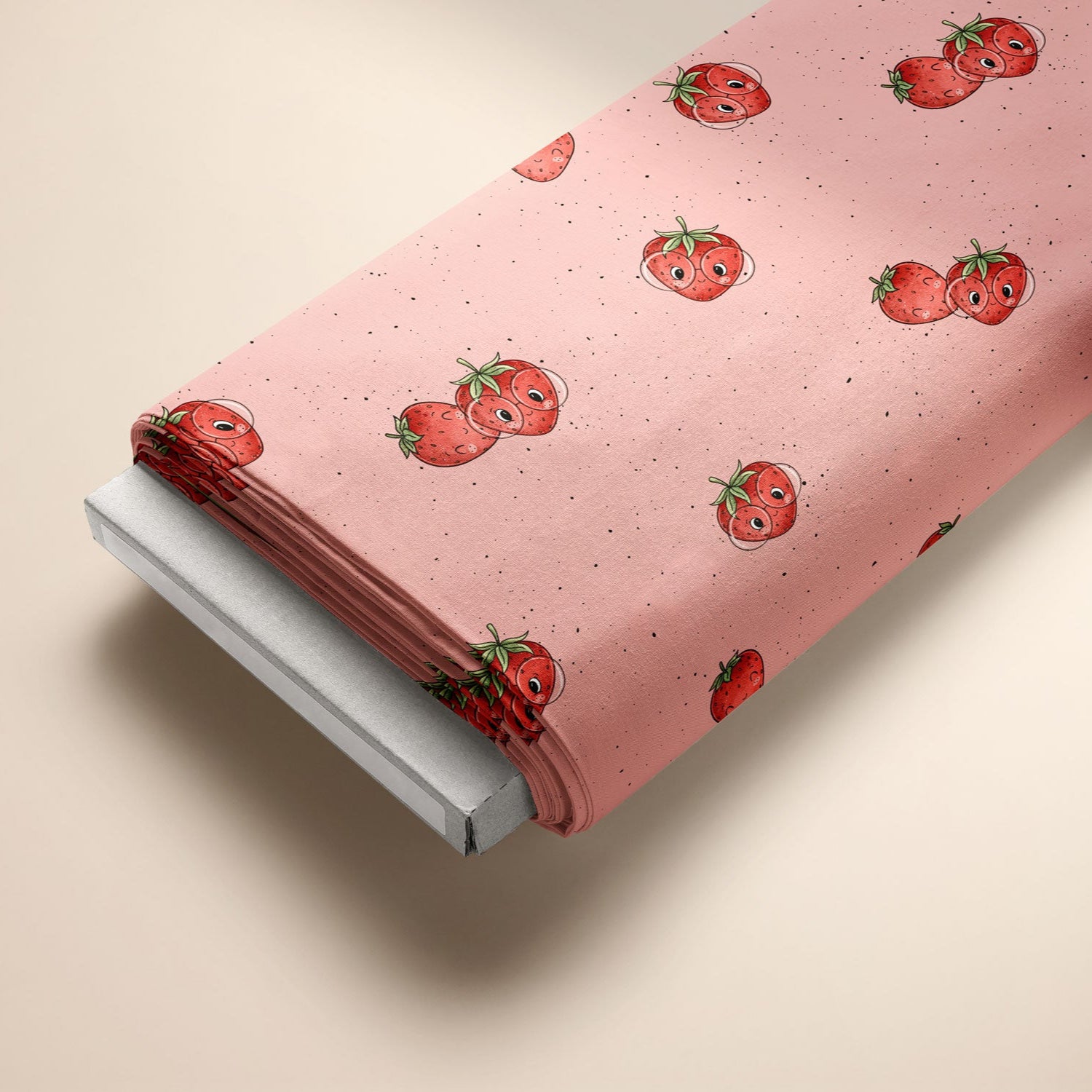Kinderstoff Meterware süße Erdbeeren Früchte mit Gesicht und Brille von Katzengold Design auf rosa