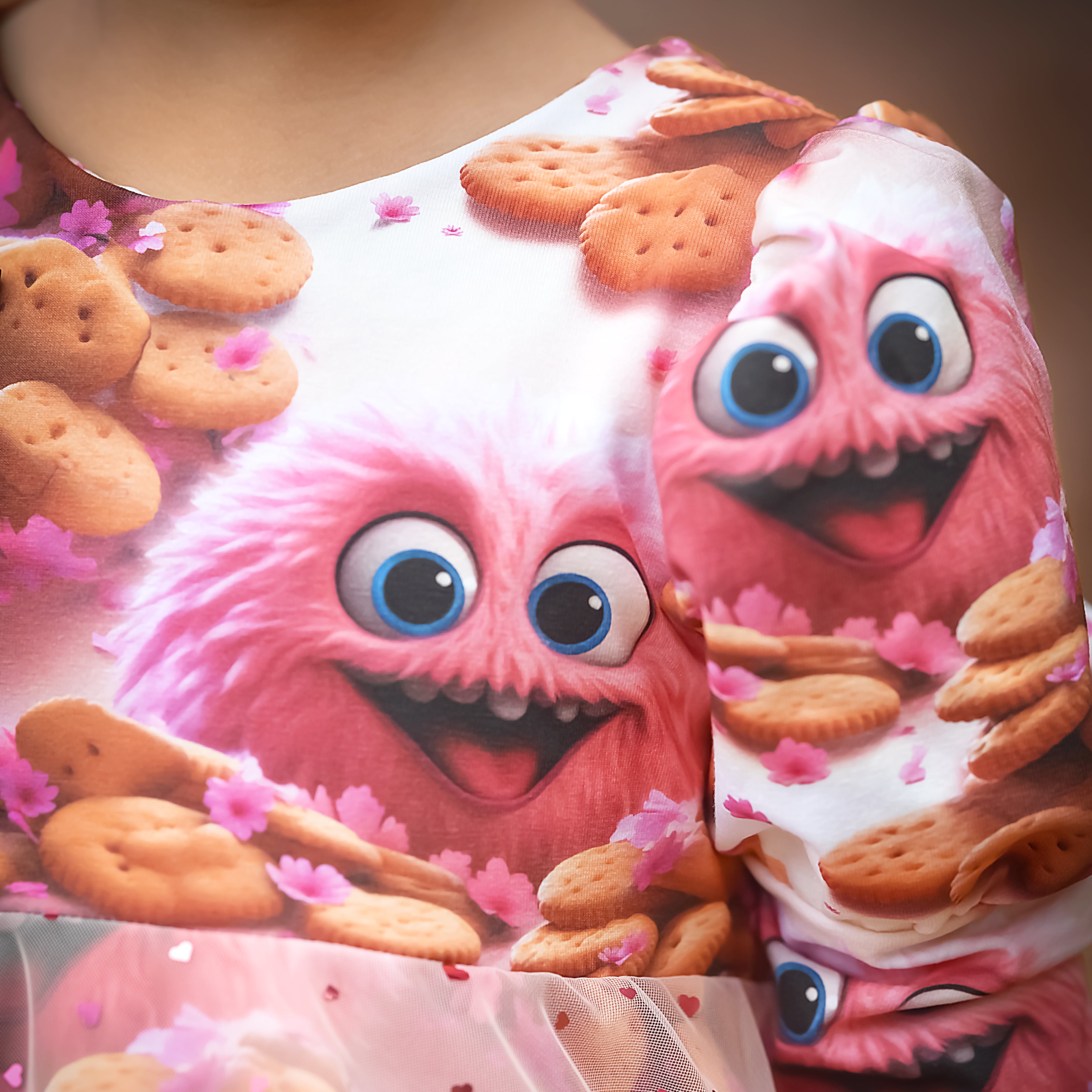 Kinderstoff rosa Monster mit Keksen und Blumen Keksmonster als Kinderkleid genäht Detailfoto
