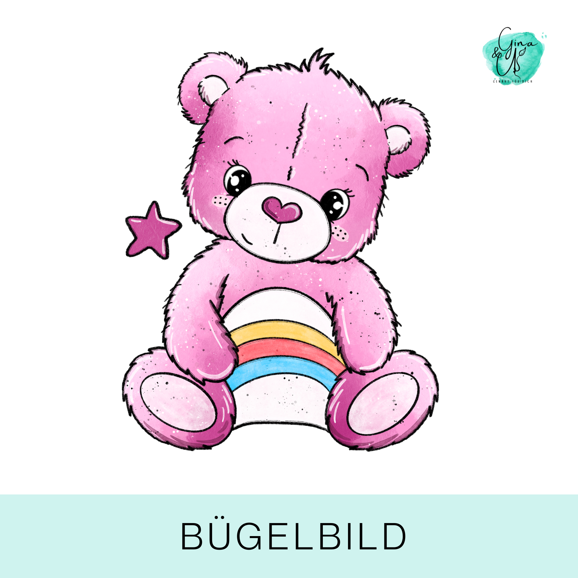 Bügelbild für Kinder mit süßem Bärchen voller Glück in rosa von Katzengold Design