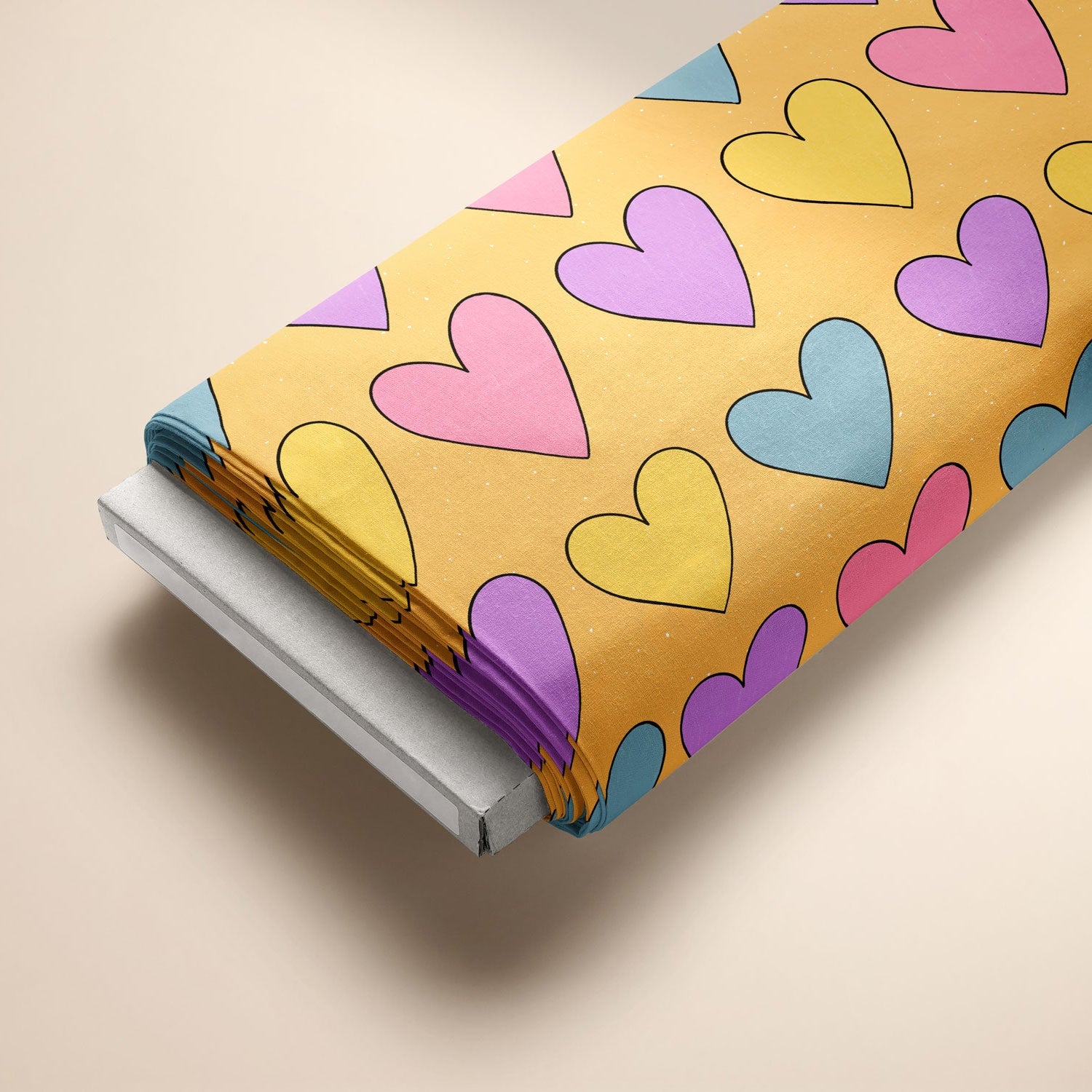 Kinderstoff Meterware bunte Herzchen auf gelb von Katzengold Design