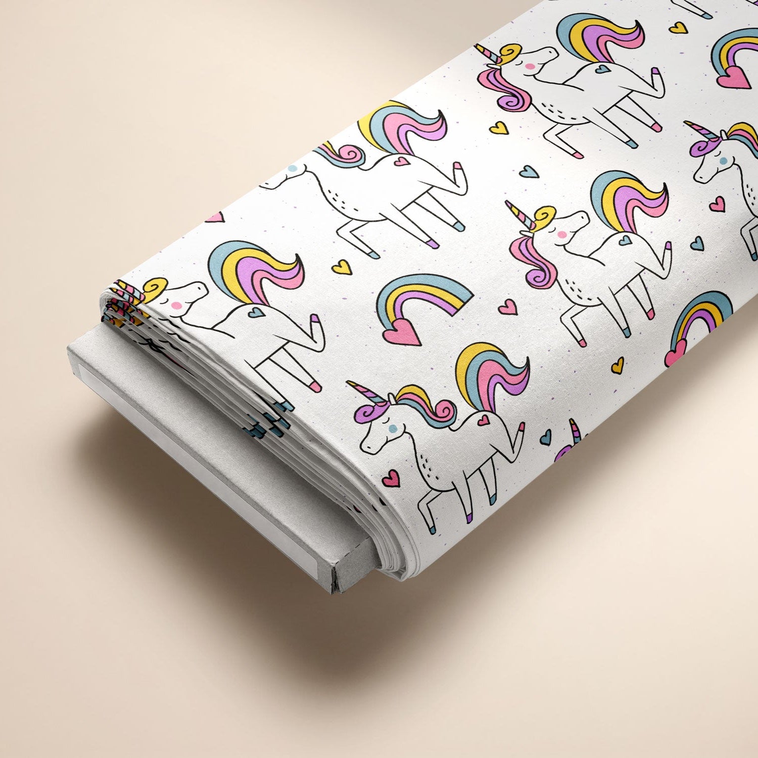 Kinderstoff Meterware Einhorn Herzchen und Regenbogen von Katzengold Design auf Ballen