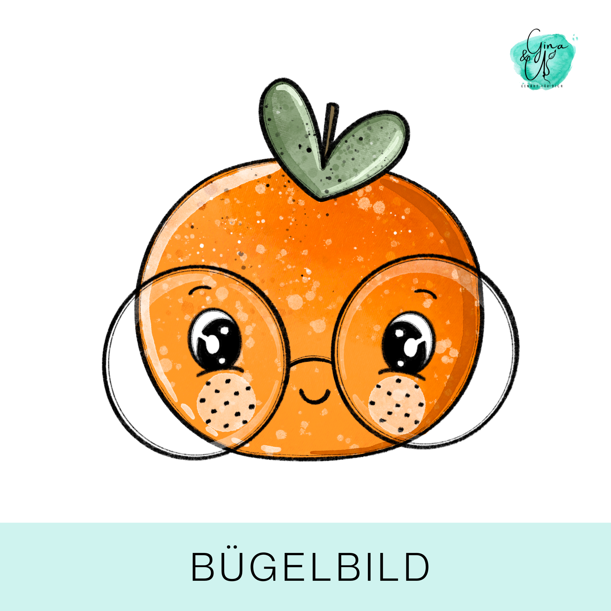 Bügelbild für Kinder mit süßer Mandarine mit Brille von Katzengold Design