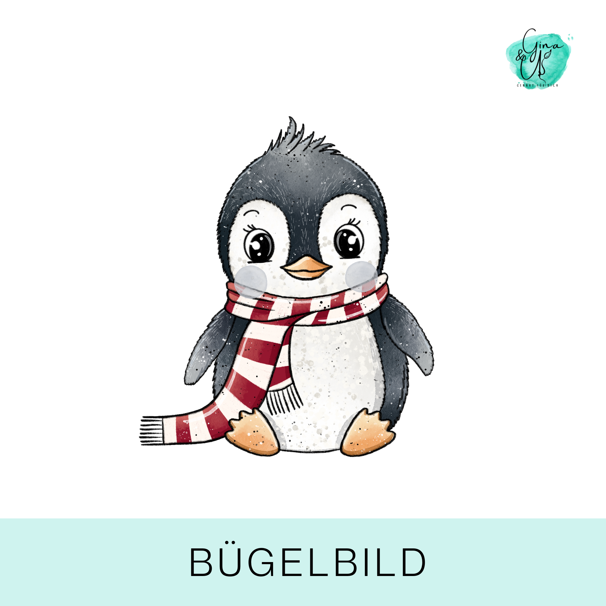 Bügelbild für Kinder mit süßem Pinguin mit Schal von Katzengold Design