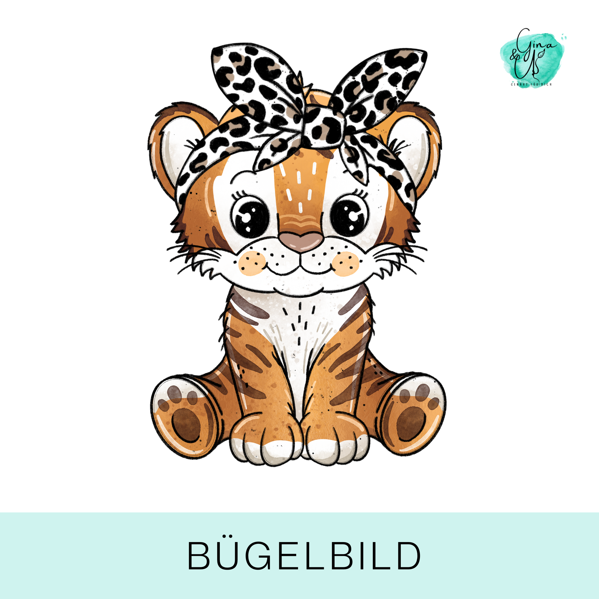 Bügelbild für Kinder mit süßem Tiger mit Leo Schleife von Katzengold Design.