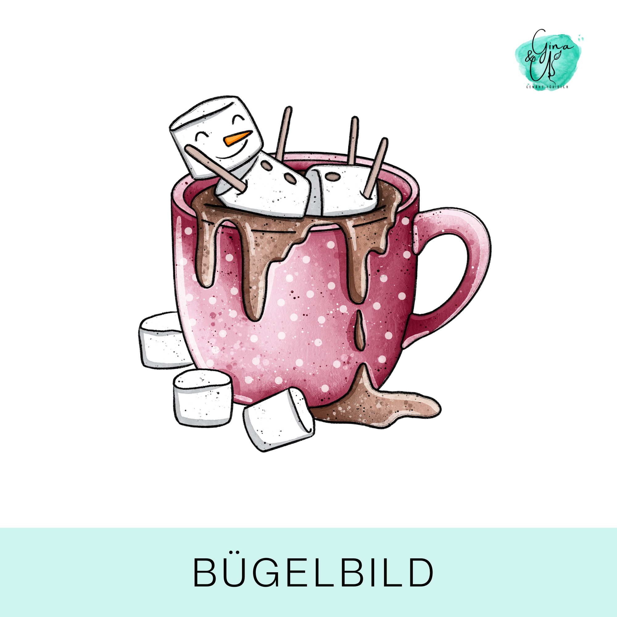 Bügelbild für Kinder Tasse mit Kakao und Schneemann aus Marshmellows von Katzengold Design