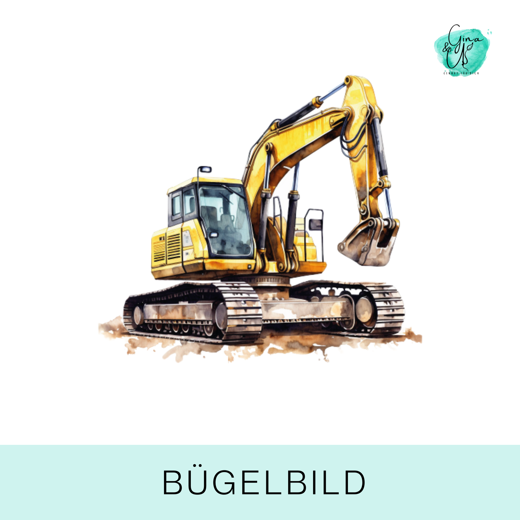 Bügelbild für Kinder mit coolem Bagger in gelb. Ideal für Kleidung, Taschen und mehr!