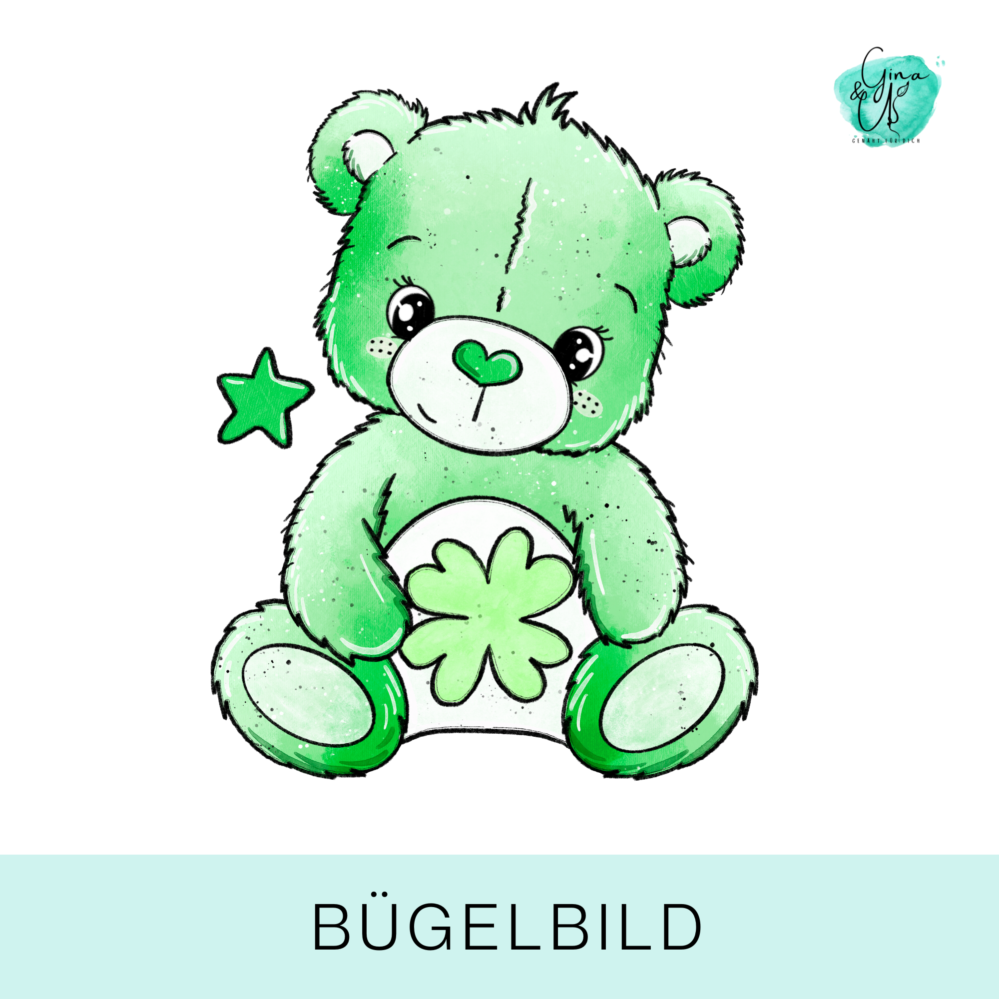 Bügelbild für Kinder mit süßem Bärchen voller Glück in grün von Katzengold Design.
