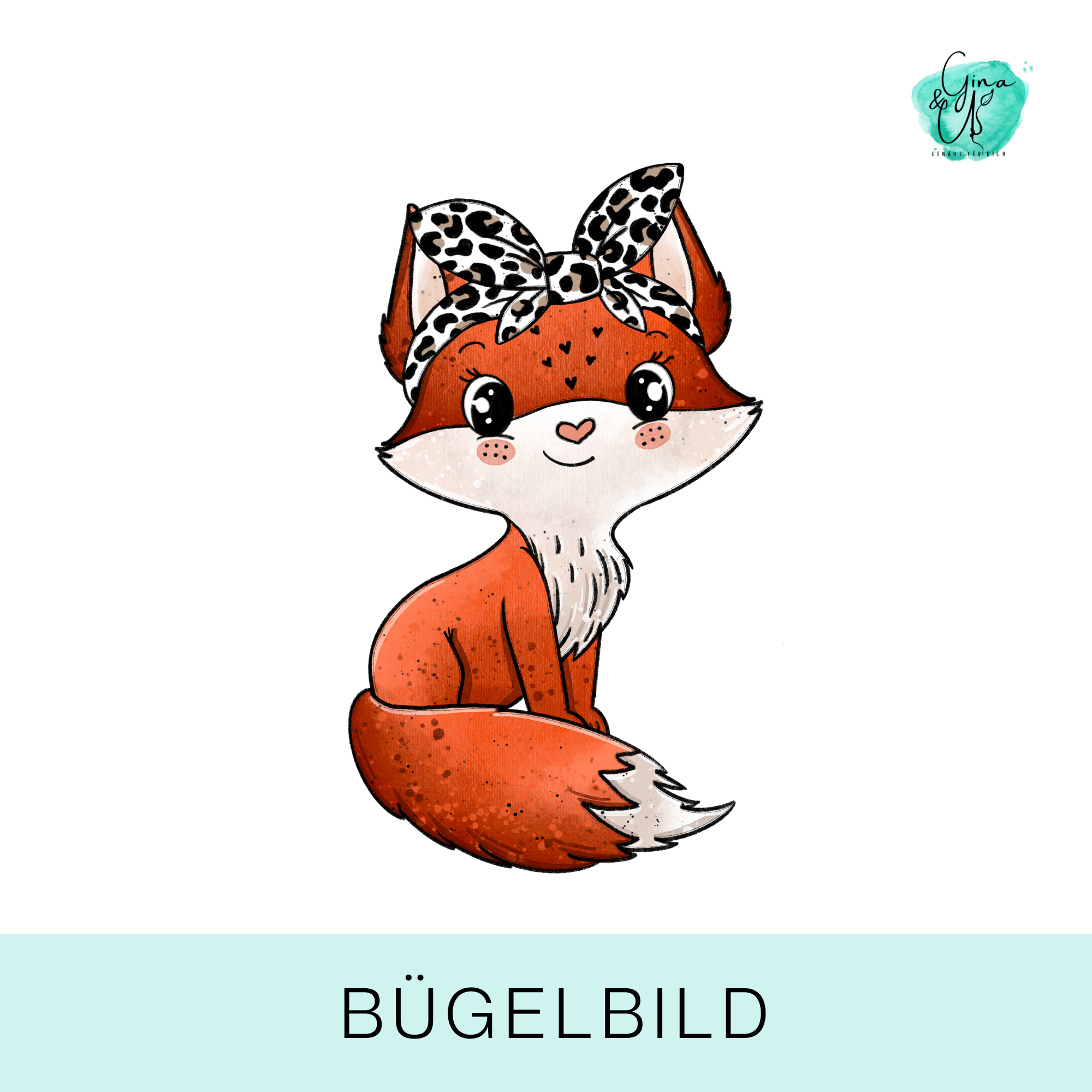 Bügelbild für Kinder mit süßem Fuchs mit Leo Schleife von Katzengold Design. Ideal für Kleidung, Taschen und mehr! 