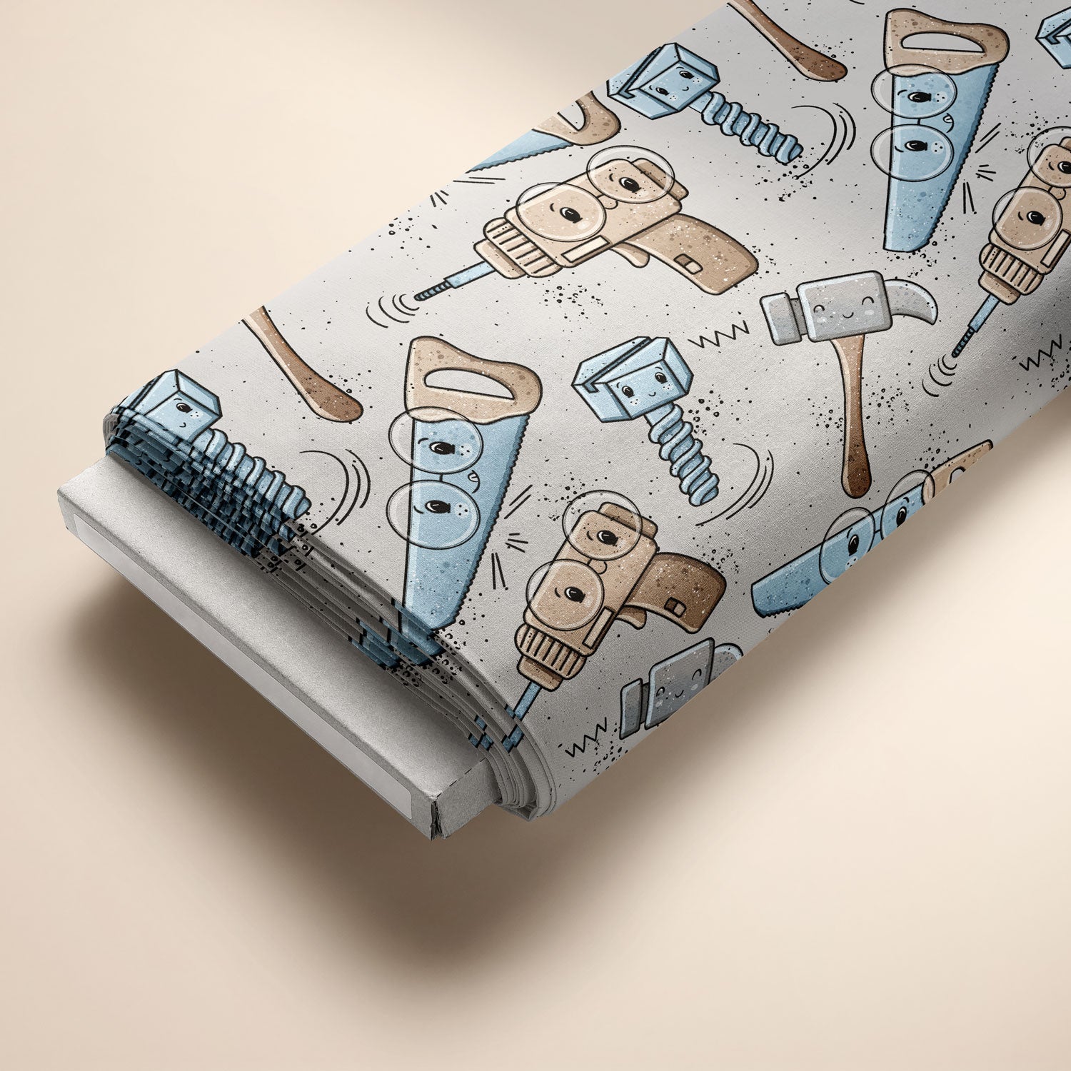 Kinderstoff Meterware mit coolem Werkzeug mit Gesichtern von Katzengold Design Jungsstoff