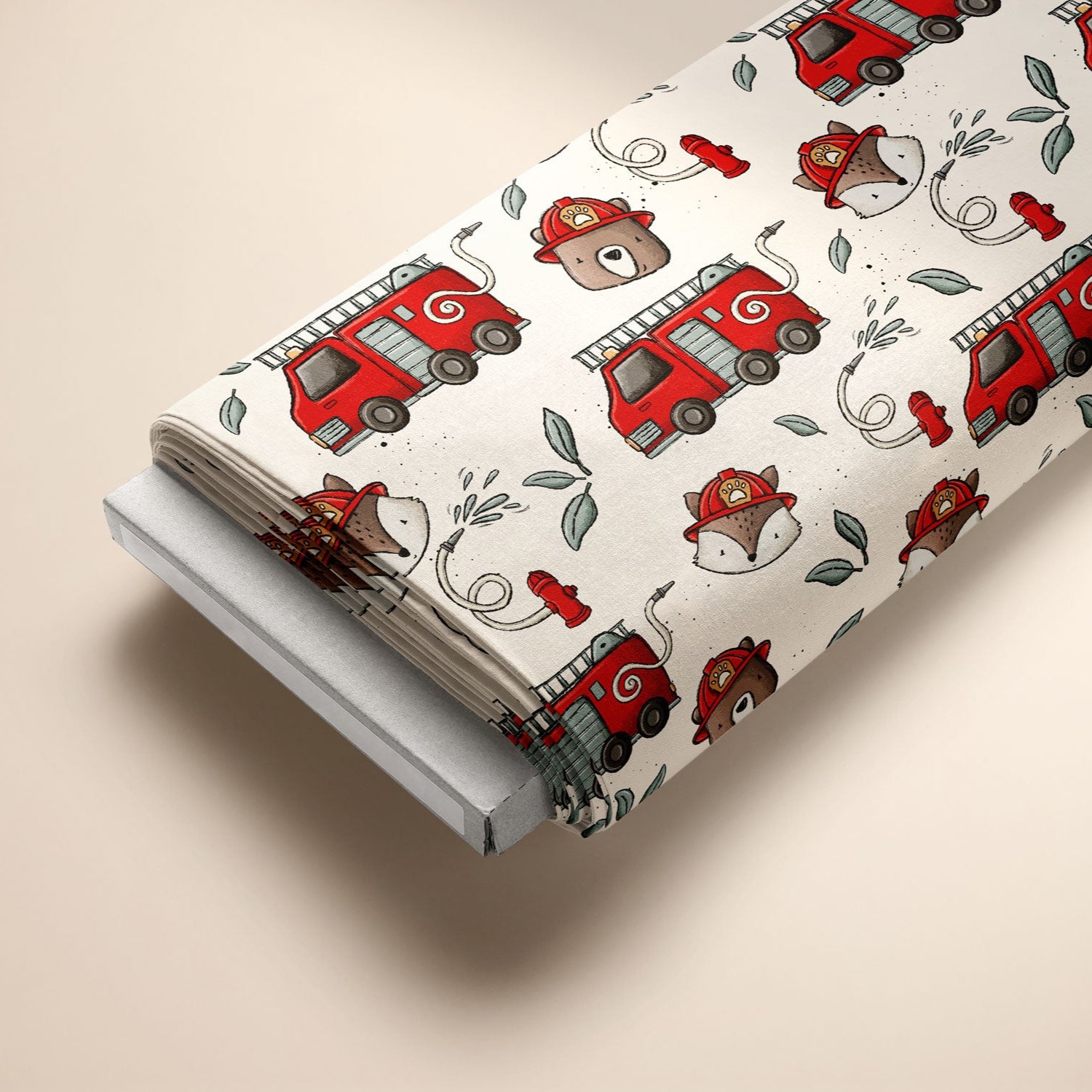 Kinderstoff Meterware Feuerwehr Stoff mit Feuerwehrwagen, Löschfahrzeig Fuchs und Bär Hydrant von Katzengold Design auf Ballen