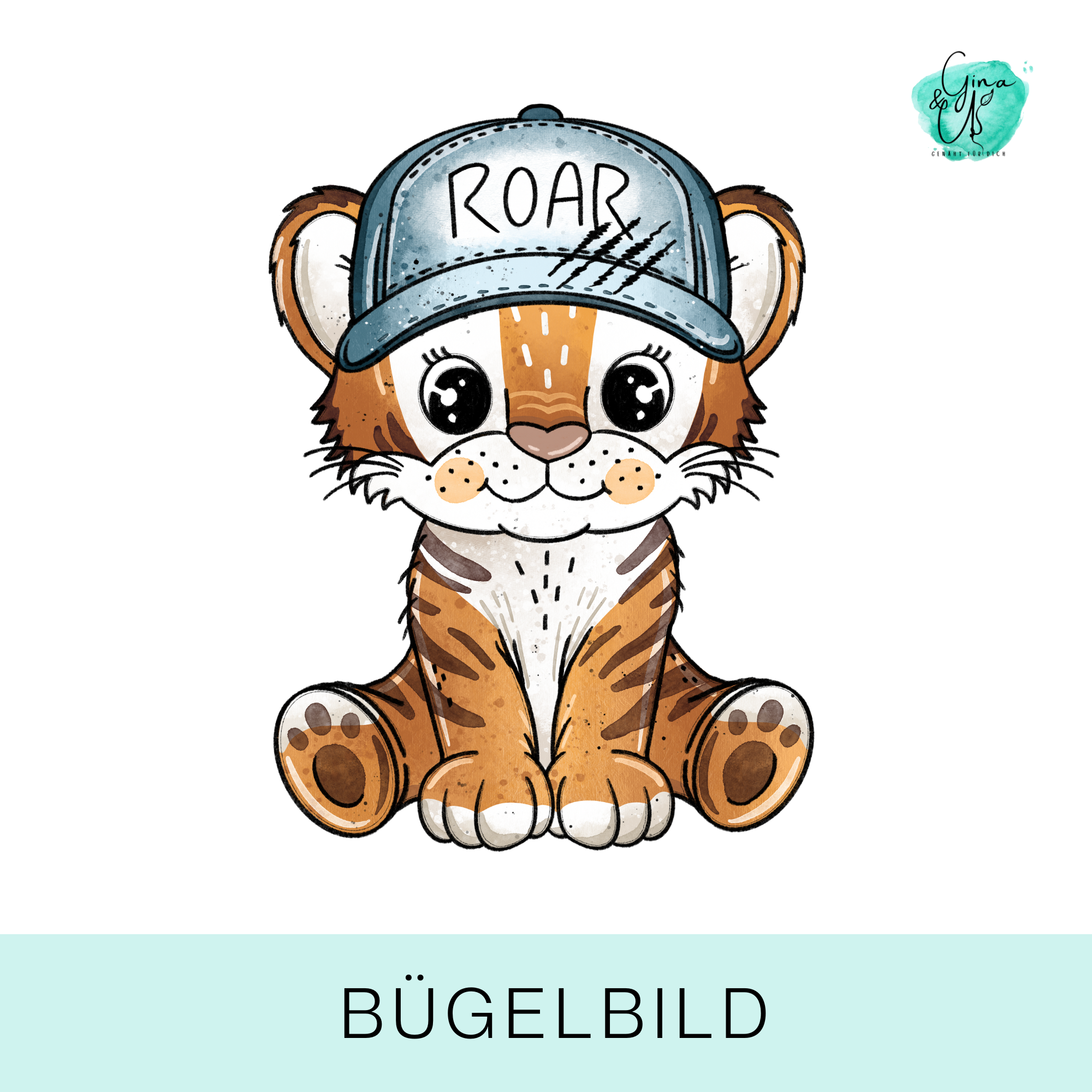 Bügelbild für Kinder mit süßem Tiger mit Kappe von Katzengold Design.