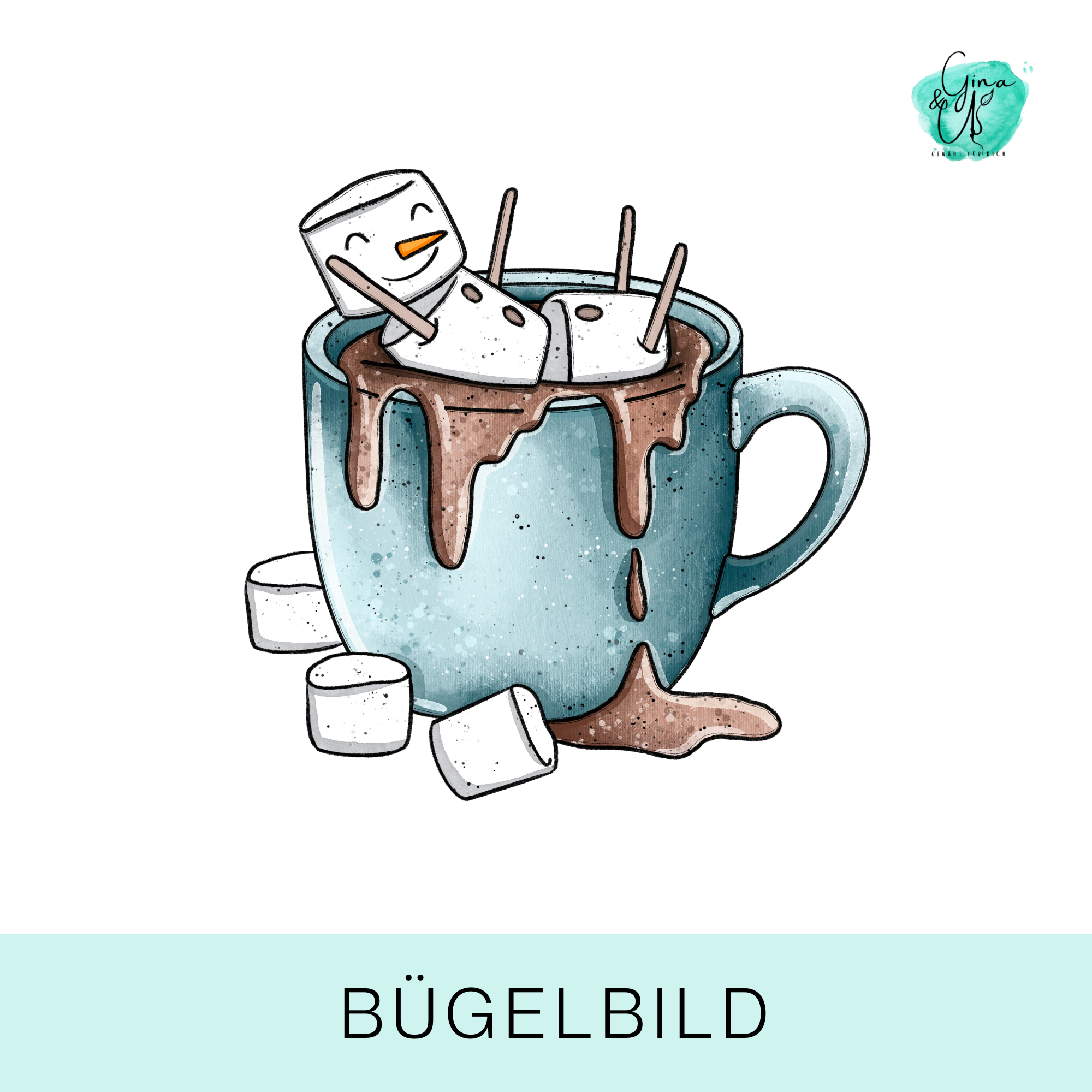 Bügelbild für Kinder Tasse in mint mit Kakao und Schneemann aus Marshmellows von Katzengold Design