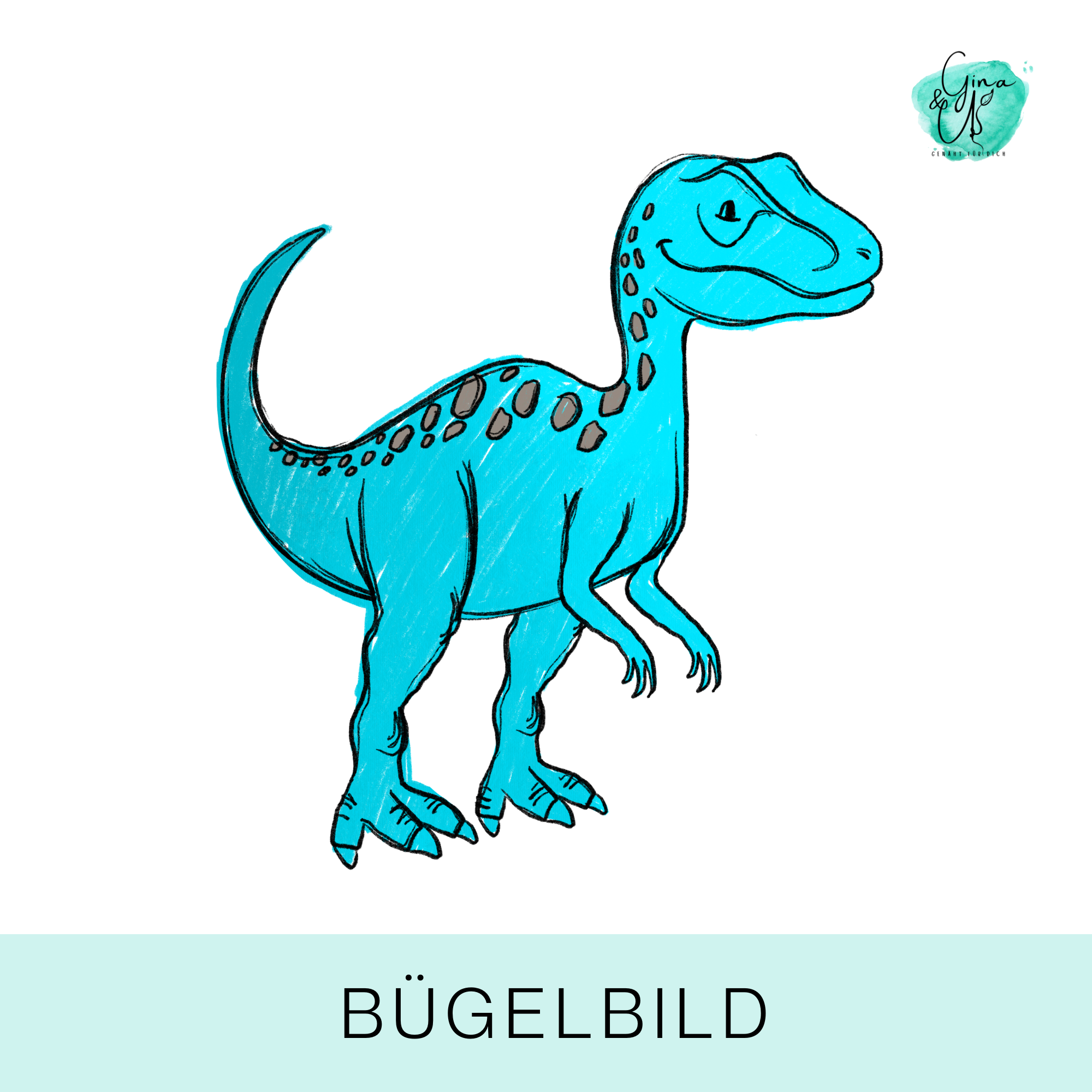 Bügelbild für Kinder mit süßen coolen Dinos in blau von Katzengold Design