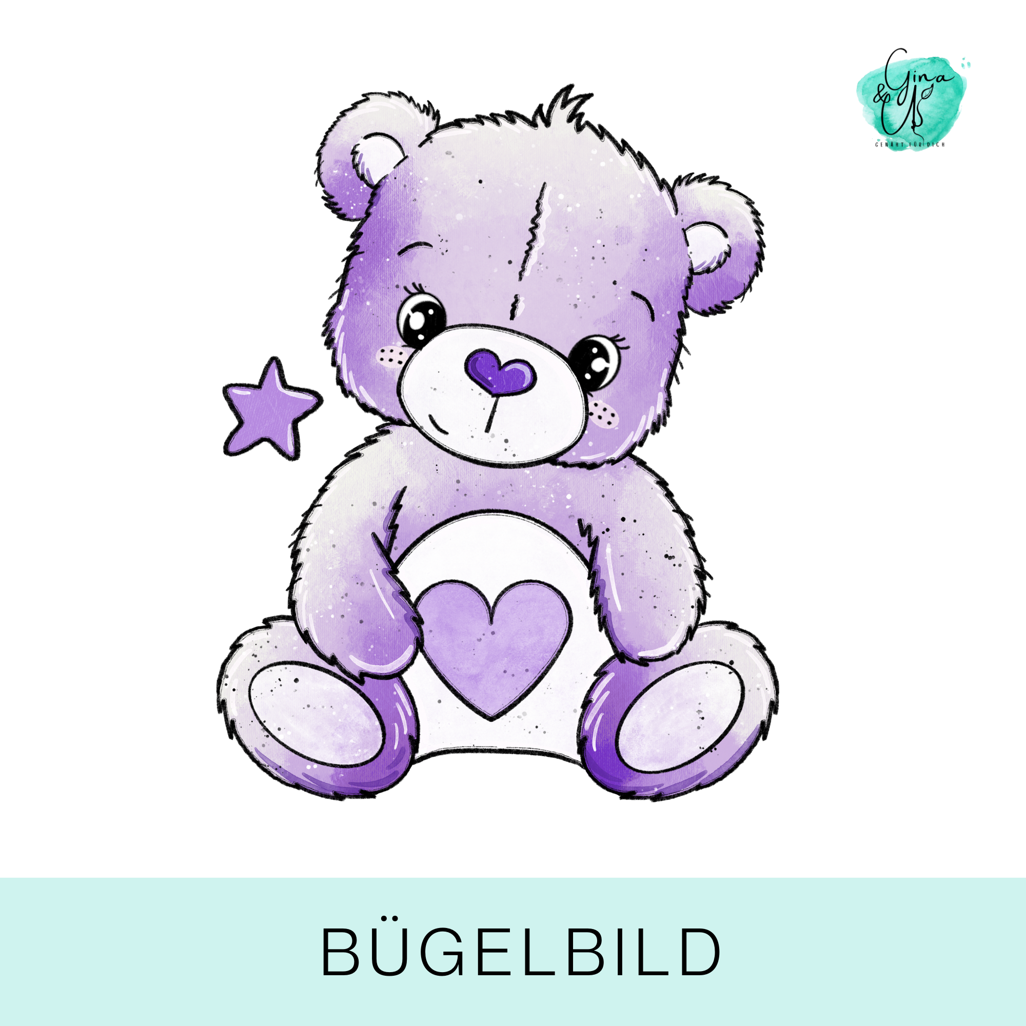 Bügelbild für Kinder mit süßem Bärchen voller Glück in lila von Katzengold Design
