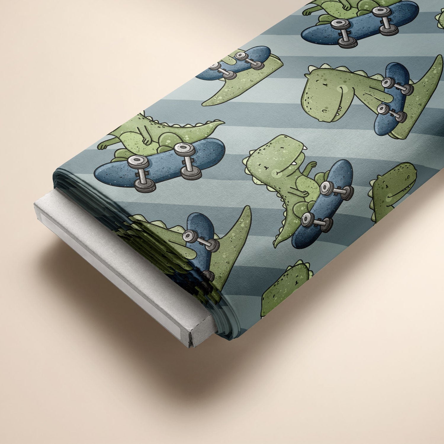 Kinderstoff Jungsstoff T-Rex Dino mit Skateboard auf blauen Streifen von Katzengold design auf Ballen