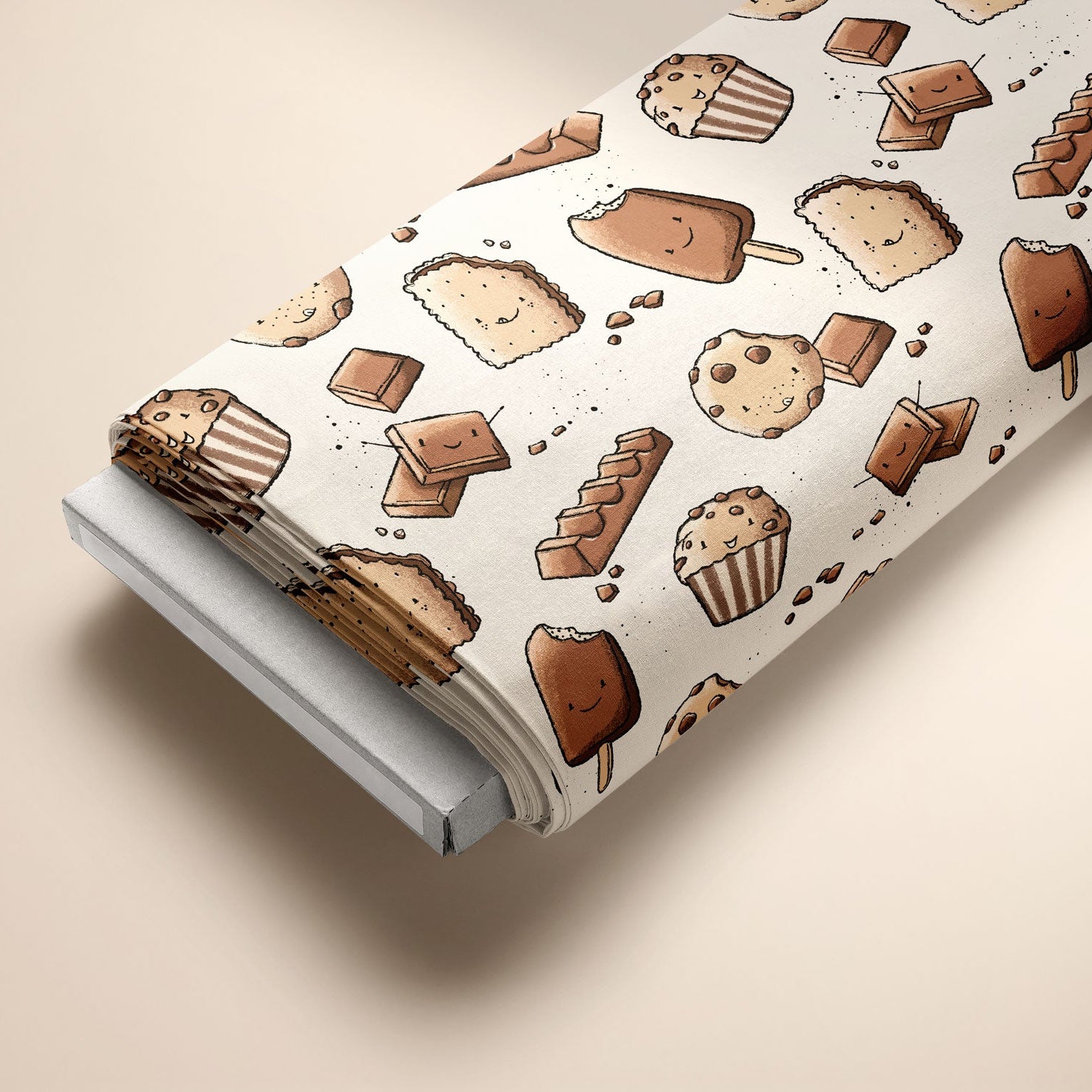 Kinderstoff Meterware süße Schokoladen, mit Schokoladenkeks, Schokoriegel, Schokoeis, Schokomuffin, Schokocookie, Schokoladen Stücke von Katzengold Design auf Ballen